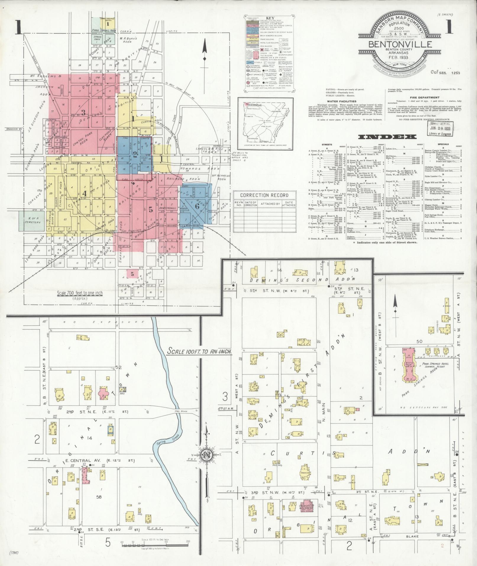 Sanborn Fire Insurance Map from Bentonville, Benton County, Arkansas (1933), Sheet #0001 - Historic Sanborn Fire Insurance Map Print, vintage old map wall art, antique decor, genealogy gift, Arkansas Arkansas map