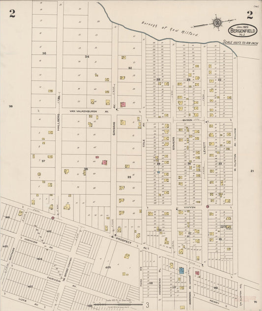 Sanborn Fire Insurance Map from Bergenfield, Bergen County, New Jersey (1923), Sheet #0002 - Historic Sanborn Fire Insurance Map Print, vintage old map wall art, antique decor, genealogy gift, New Jersey New Jersey map