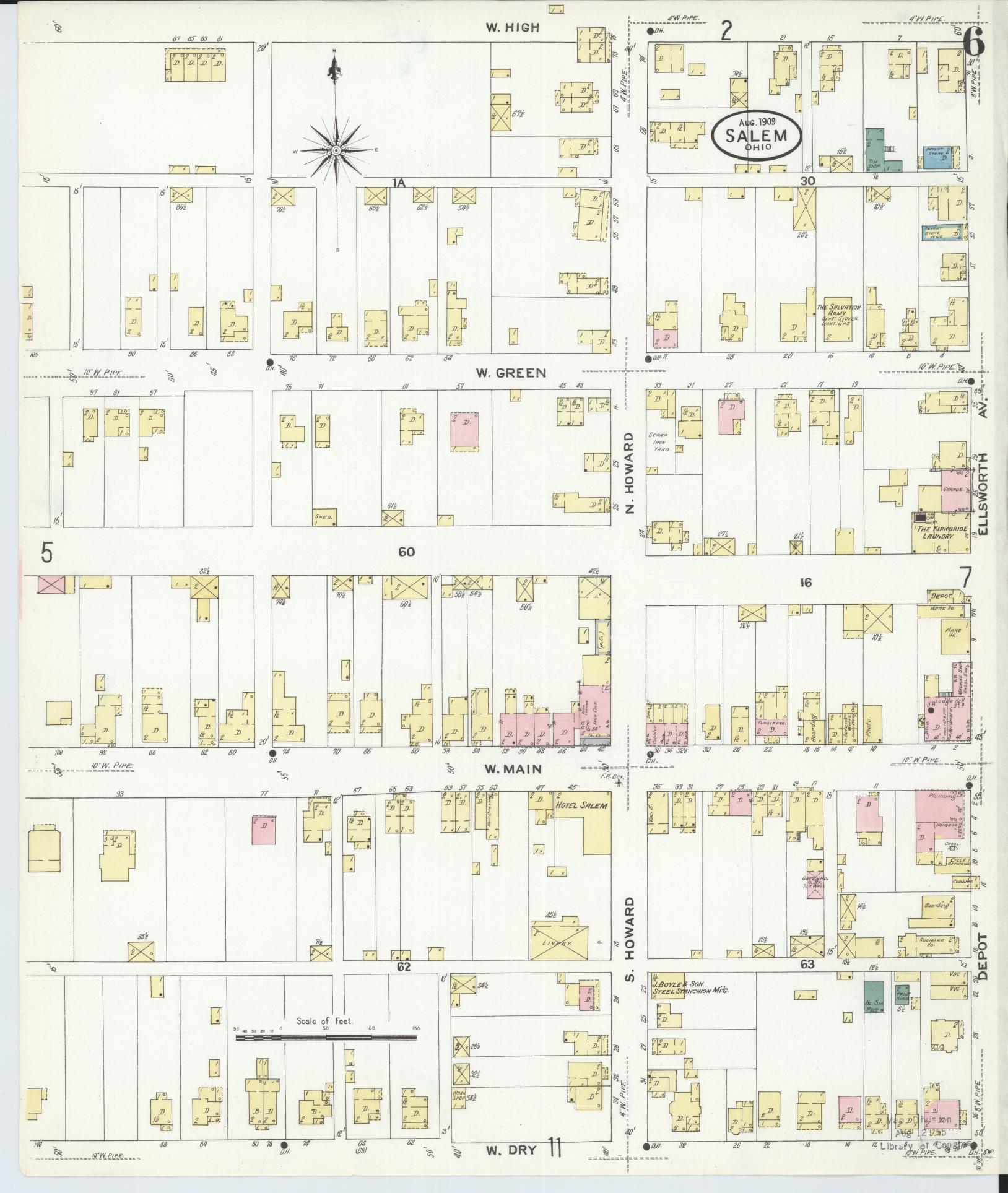 Sanborn Fire Insurance Map from Salem, Columbiana County, Ohio (1909), Sheet #0006 - Historic Sanborn Fire Insurance Map Print, vintage old map wall art, antique decor, genealogy gift, Ohio Ohio map