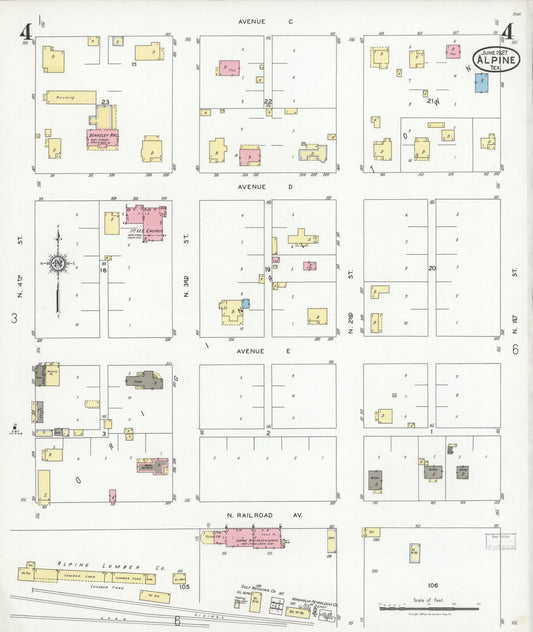 Sanborn Fire Insurance Map from Alpine, Brewster County, Texas (1927), Sheet #0004 - Historic Sanborn Fire Insurance Map Print, vintage old map wall art, antique decor, genealogy gift, Texas Texas map