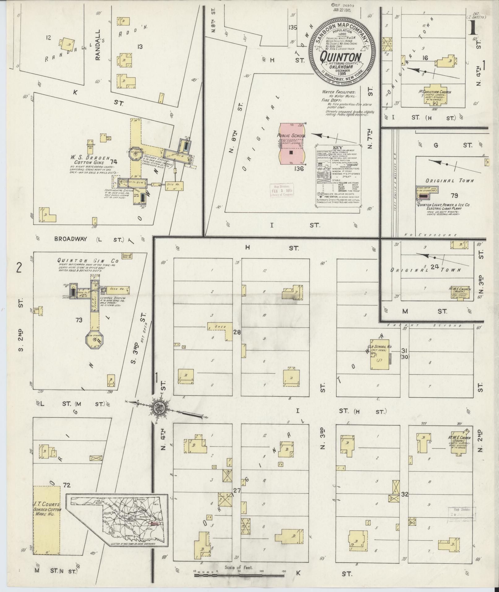 Sanborn Fire Insurance Map from Quinton, Pittsburg County, Oklahoma (1914), Sheet #0001 - Historic Sanborn Fire Insurance Map Print, vintage old map wall art, antique decor, genealogy gift, Oklahoma Oklahoma map
