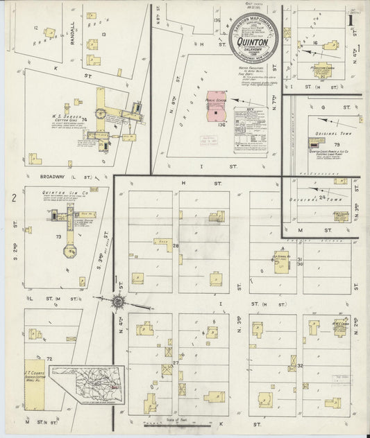 Sanborn Fire Insurance Map from Quinton, Pittsburg County, Oklahoma (1914), Sheet #0001 - Historic Sanborn Fire Insurance Map Print, vintage old map wall art, antique decor, genealogy gift, Oklahoma Oklahoma map