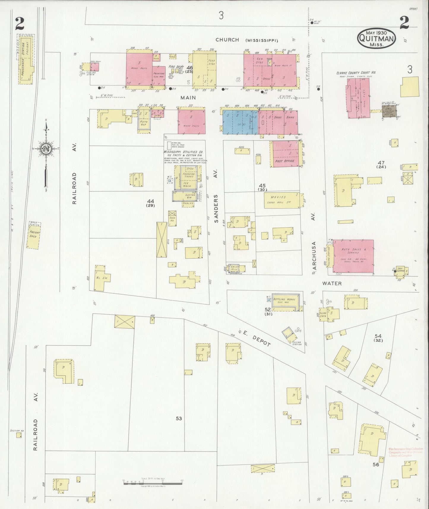 Sanborn Fire Insurance Map from Quitman, Clarke County, Mississippi (1930), Sheet #0002 - Complete Map Set gallery image, historic Sanborn map, vintage wall art, Mississippi Mississippi