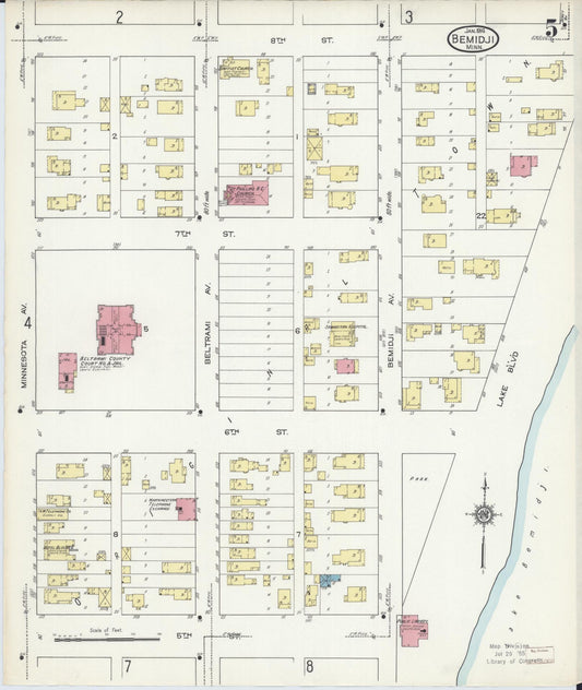 Sanborn Fire Insurance Map from Bemidji, Beltrami County, Minnesota (1914), Sheet #0005 - Historic Sanborn Fire Insurance Map Print, vintage old map wall art, antique decor, genealogy gift, Minnesota Minnesota map