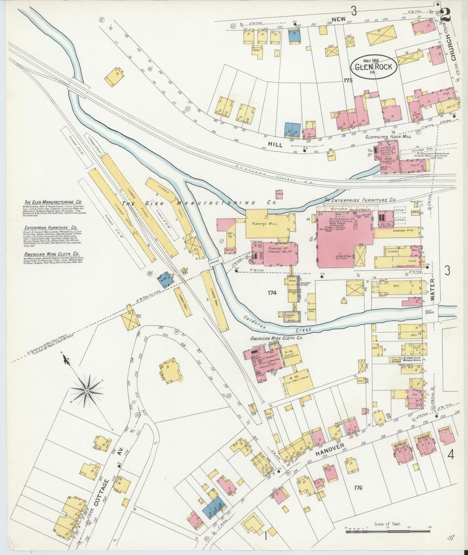 Sanborn Fire Insurance Map from Glen Rock, York County, Pennsylvania (1908), Sheet #0002 - Historic Sanborn Fire Insurance Map Print, vintage old map wall art, antique decor, genealogy gift, Pennsylvania Pennsylvania map
