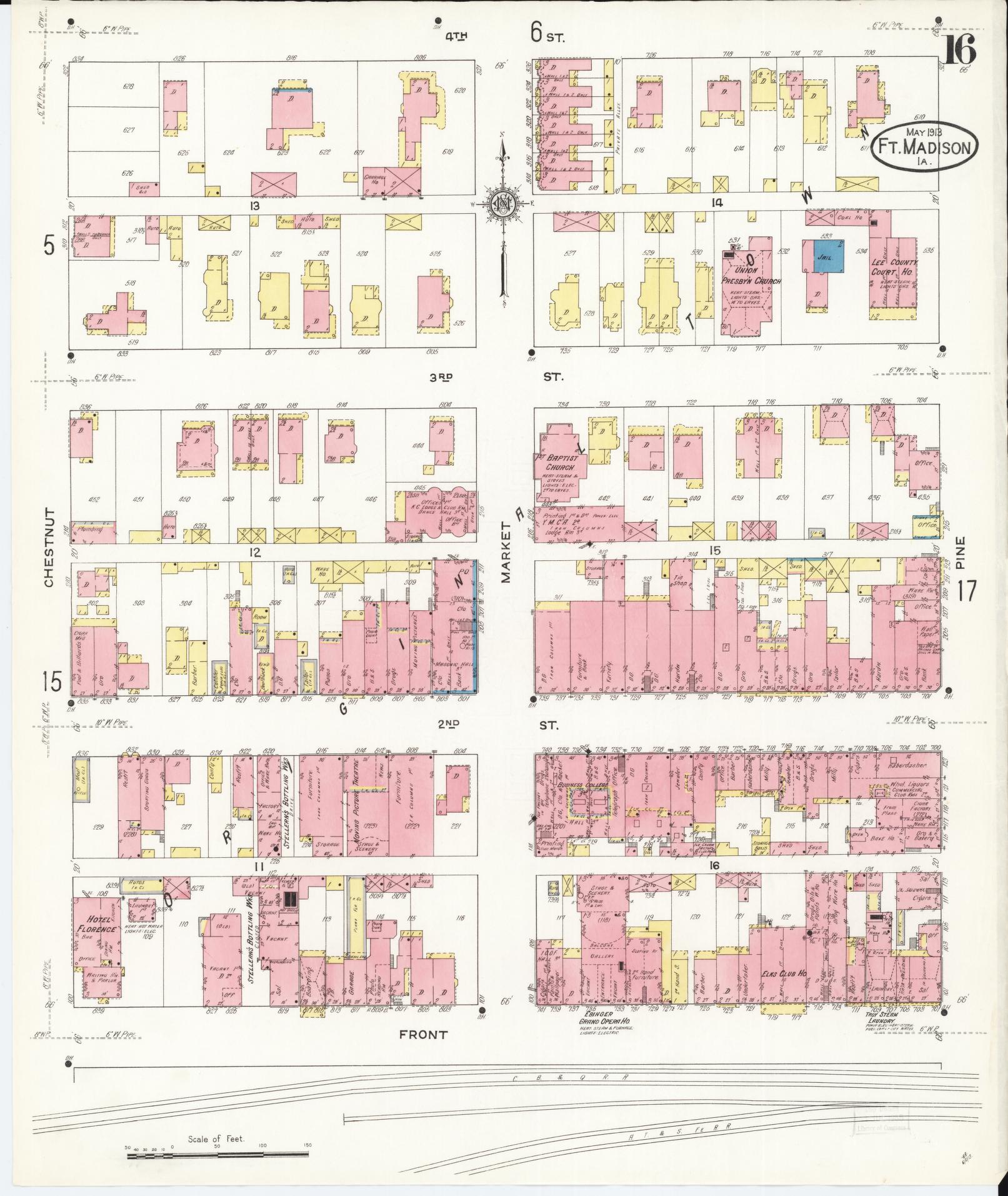 Sanborn Fire Insurance Map from Fort Madison, Lee County, Iowa (1913), Sheet #0016 - Historic Sanborn Fire Insurance Map Print, vintage old map wall art