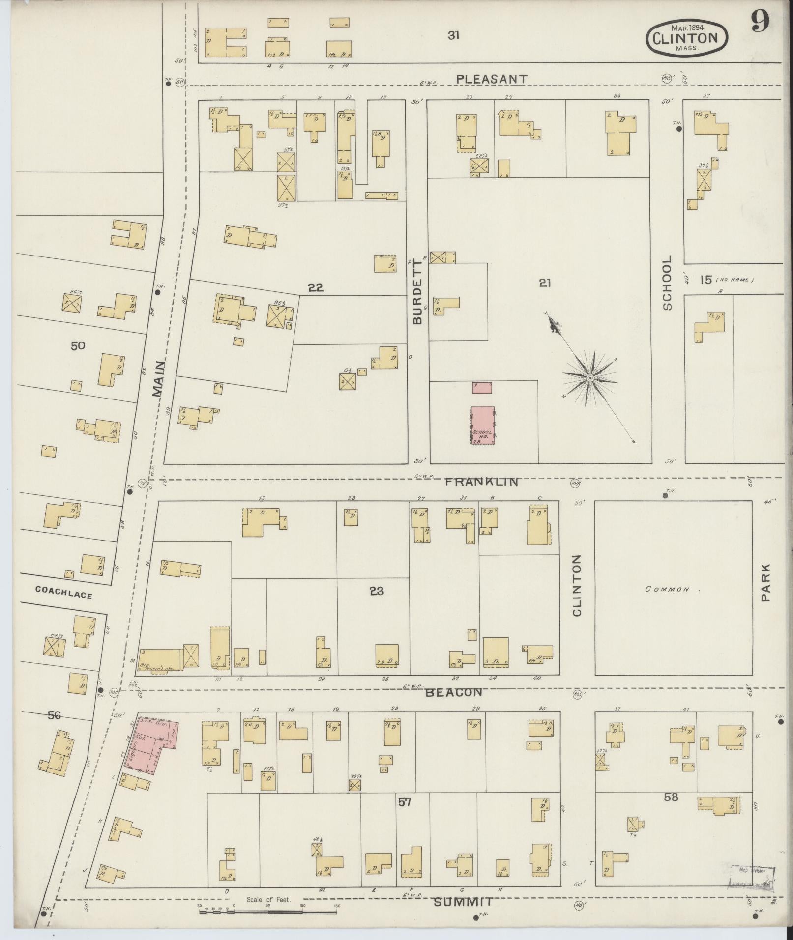 Sanborn Fire Insurance Map from Clinton, Worcester County, Massachusetts (1894), Sheet #0009 - Historic Sanborn Fire Insurance Map Print, vintage old map wall art, antique decor, genealogy gift, Massachusetts Massachusetts map