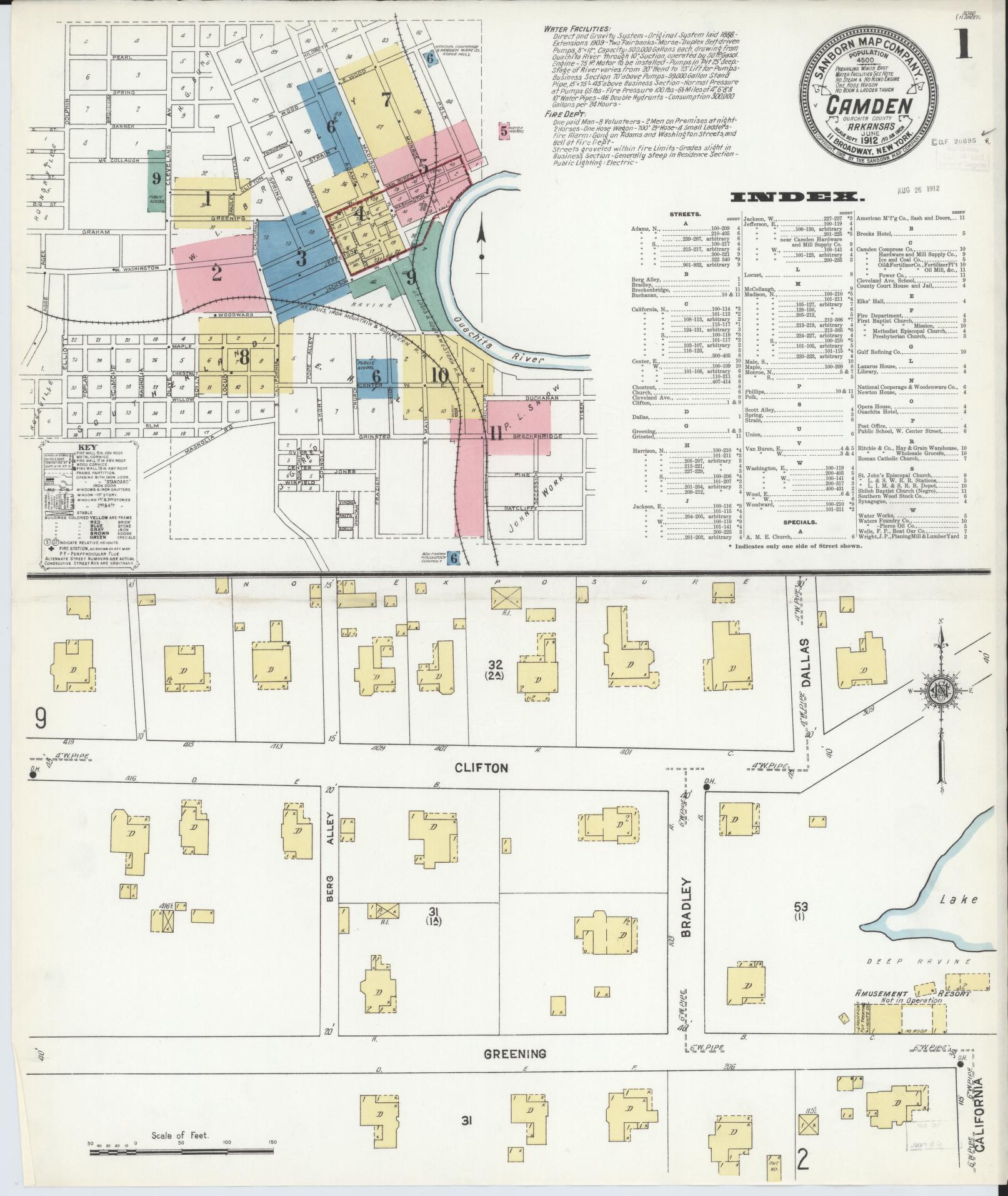 Sanborn Fire Insurance Map from Camden, Ouachita County, Arkansas (1912), Sheet #0001 - Historic Sanborn Fire Insurance Map Print, vintage old map wall art, antique decor, genealogy gift, Arkansas Arkansas map