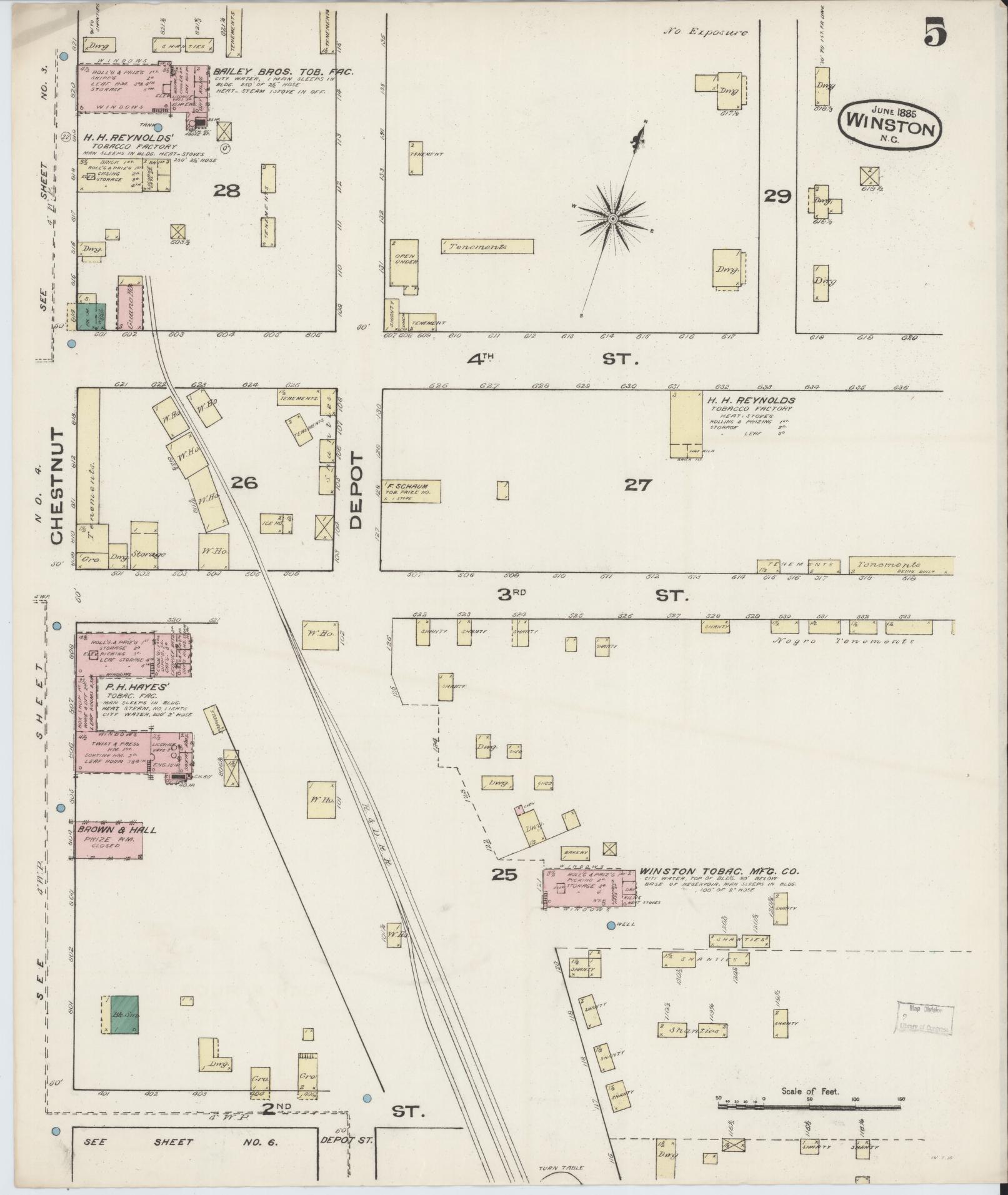 Sanborn Fire Insurance Map from Winston-Salem, Forsyth County, North Carolina (1885), Sheet #0005 - Complete Map Set gallery image, historic Sanborn map, vintage wall art, North Carolina North Carolina