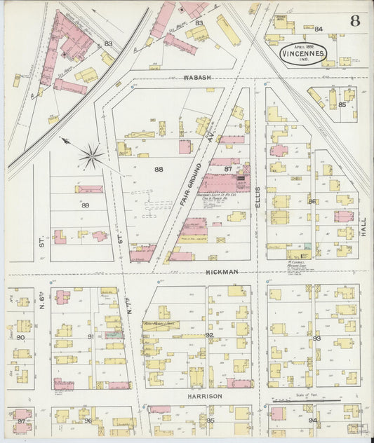 Sanborn Fire Insurance Map from Vincennes, Knox County, Indiana (1892), Sheet #0008 - Historic Sanborn Fire Insurance Map Print, vintage old map wall art, antique decor, genealogy gift, Indiana Indiana map