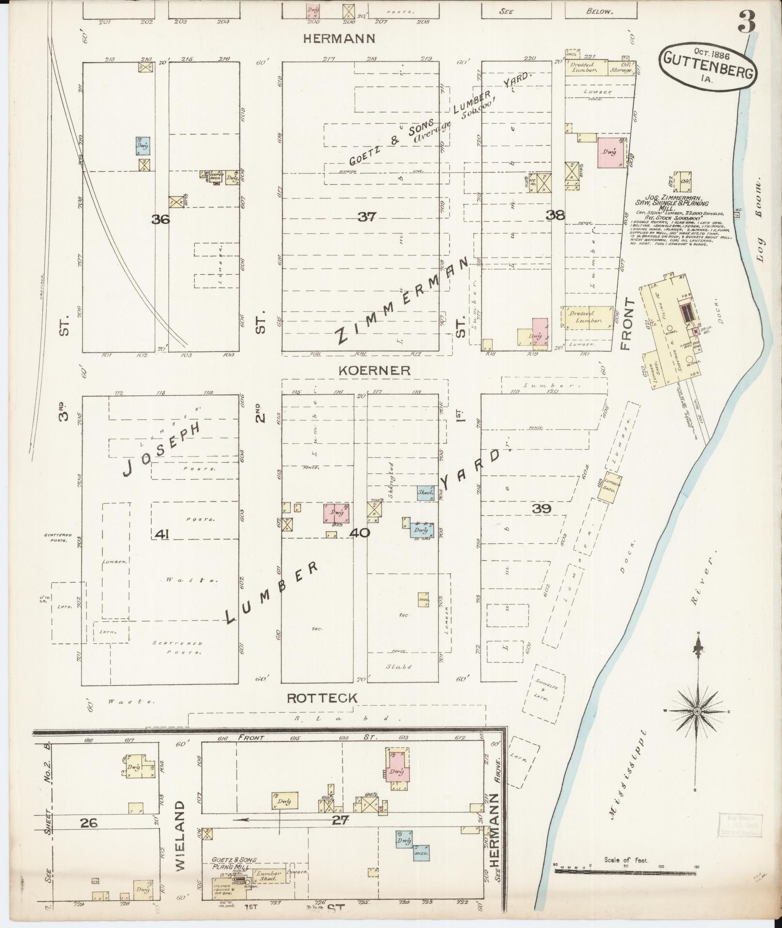 Sanborn Fire Insurance Map from Guttenberg, Clayton County, Iowa (1886), Sheet #0003 - Historic Sanborn Fire Insurance Map Print, vintage old map wall art