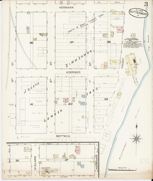 Sanborn Fire Insurance Map from Guttenberg, Clayton County, Iowa (1886), Sheet #0003 - Historic Sanborn Fire Insurance Map Print, vintage old map wall art