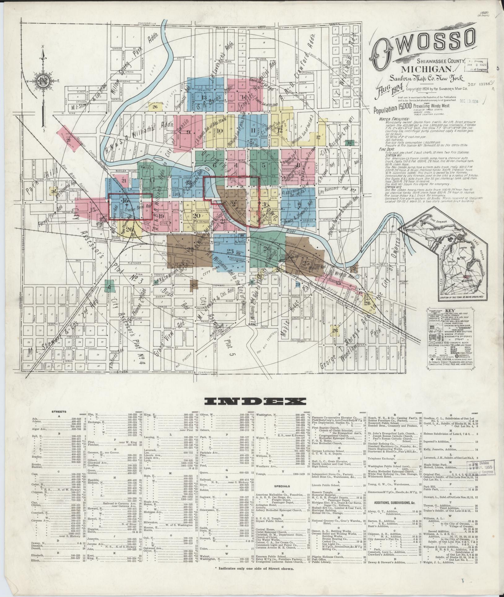 Sanborn Fire Insurance Map from Owosso, Shiawassee County, Michigan (1924), Sheet #0001 - Complete Map Set gallery image, historic Sanborn map, vintage wall art, Michigan Michigan