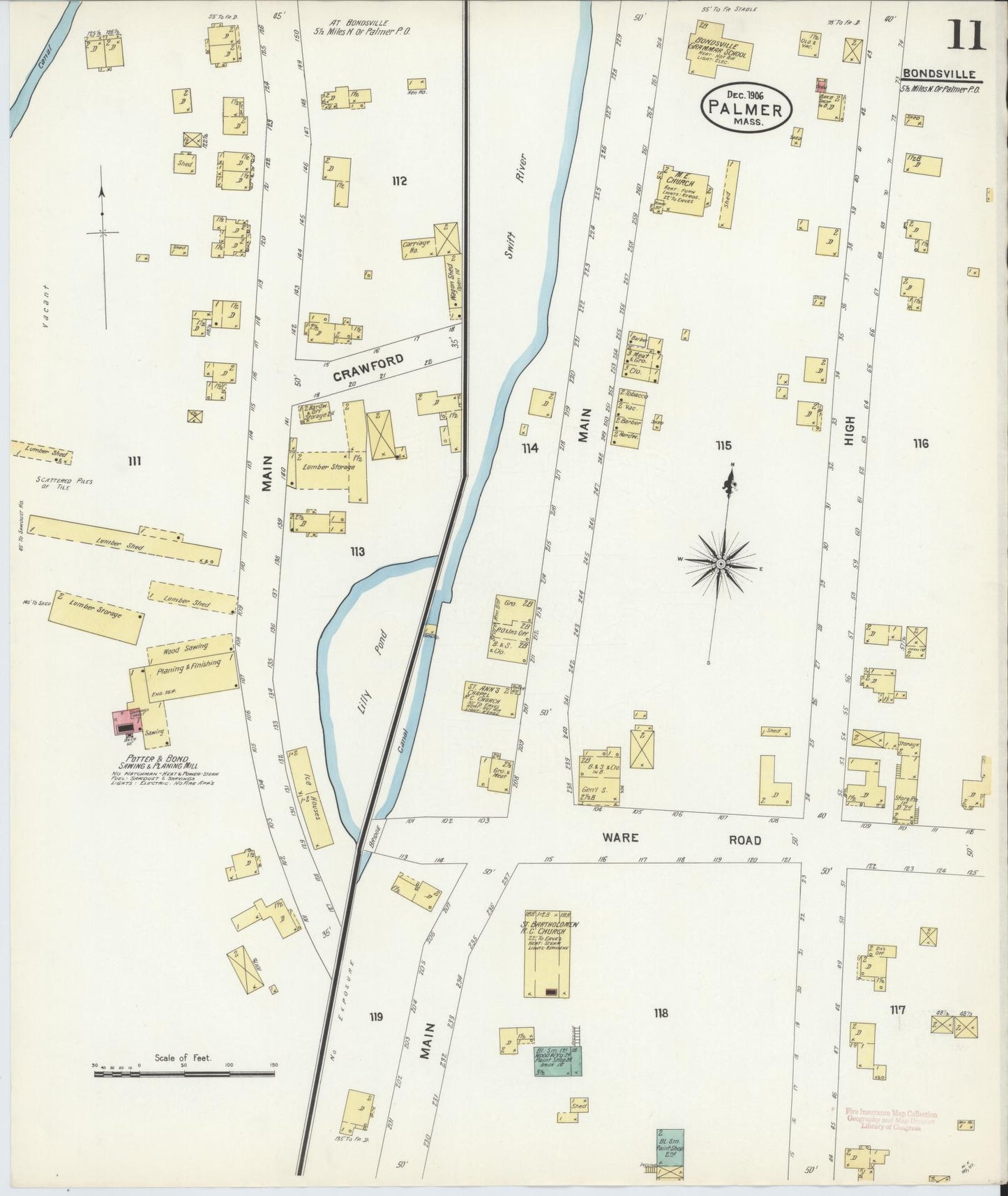 Sanborn Fire Insurance Map from Palmer, Hampden County, Massachusetts (1906), Sheet #0011 - Complete Map Set gallery image, historic Sanborn map, vintage wall art, Massachusetts Massachusetts