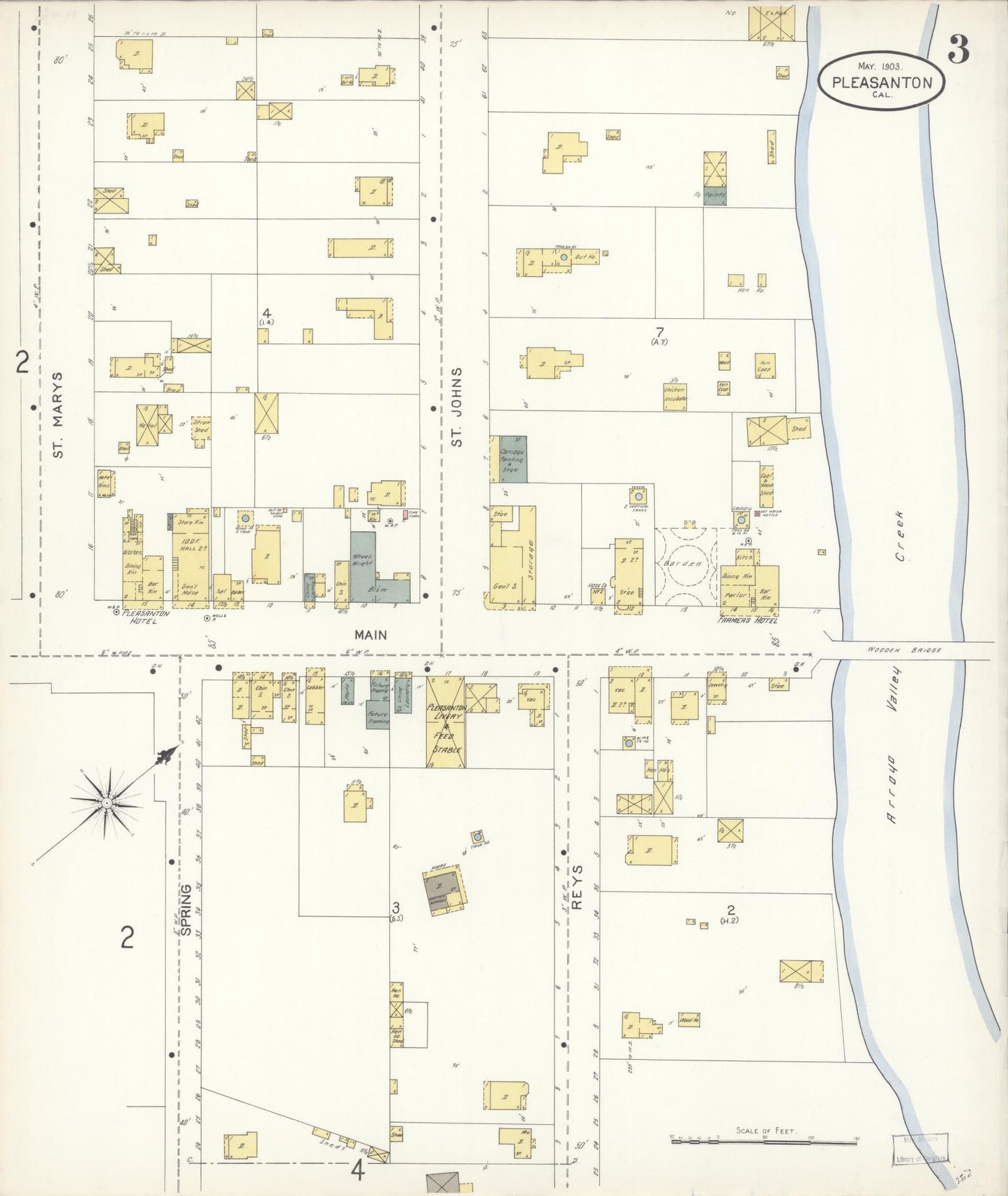 Sanborn Fire Insurance Map from Pleasanton, Alameda County, California (1903), Sheet #0003 - Complete Map Set gallery image, historic Sanborn map, vintage wall art, California California
