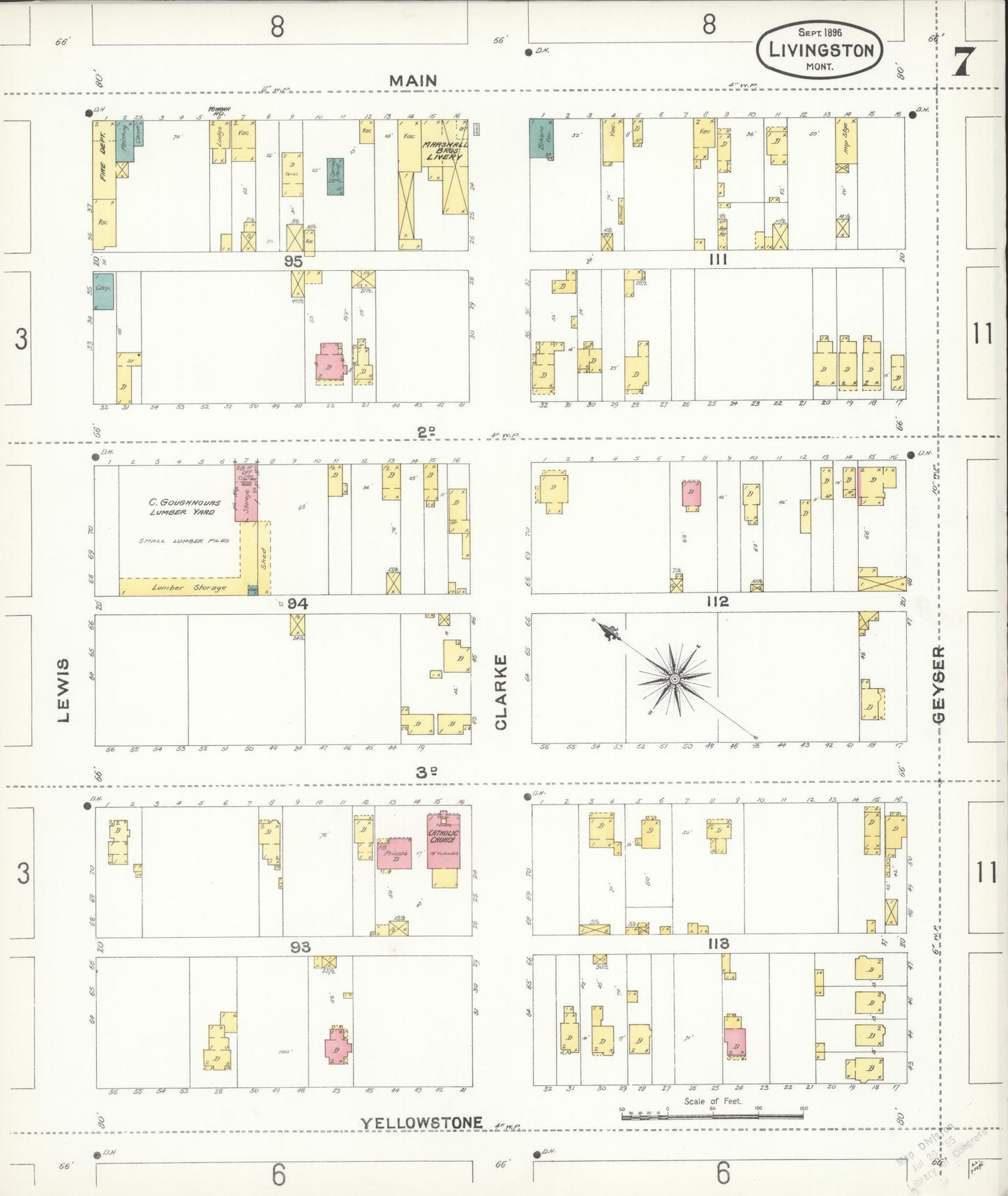 Sanborn Fire Insurance Map from Livingston, Park County, Montana (1896), Sheet #0007 - Historic Sanborn Fire Insurance Map Print, vintage old map wall art, antique decor, genealogy gift, Montana Montana map