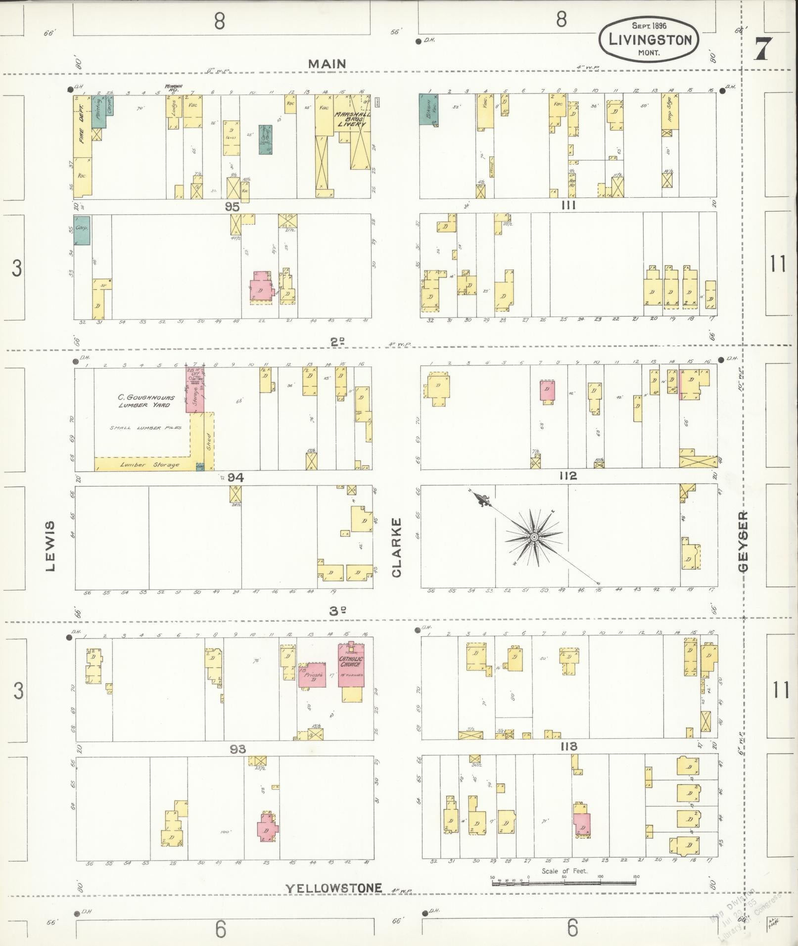 Sanborn Fire Insurance Map from Livingston, Park County, Montana (1896), Sheet #0007 - Historic Sanborn Fire Insurance Map Print, vintage old map wall art, antique decor, genealogy gift, Montana Montana map