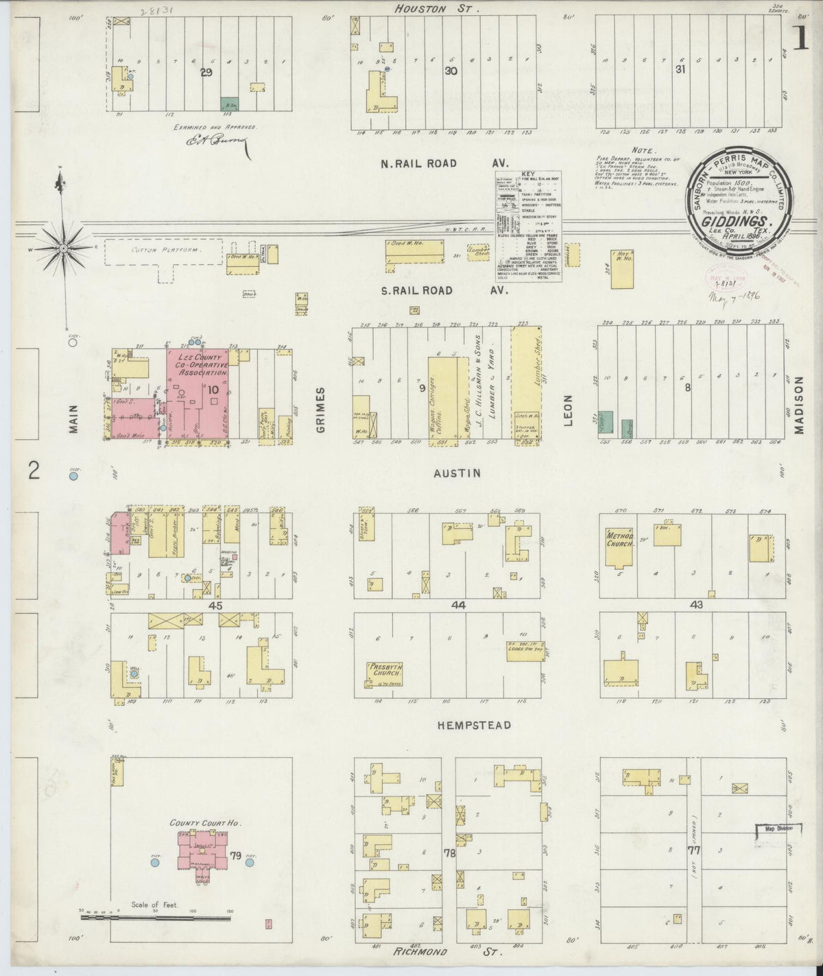 Sanborn Fire Insurance Map from Giddings, Lee County, Texas (1896), Sheet #0001 - Complete Map Set gallery image, historic Sanborn map, vintage wall art, Texas Texas
