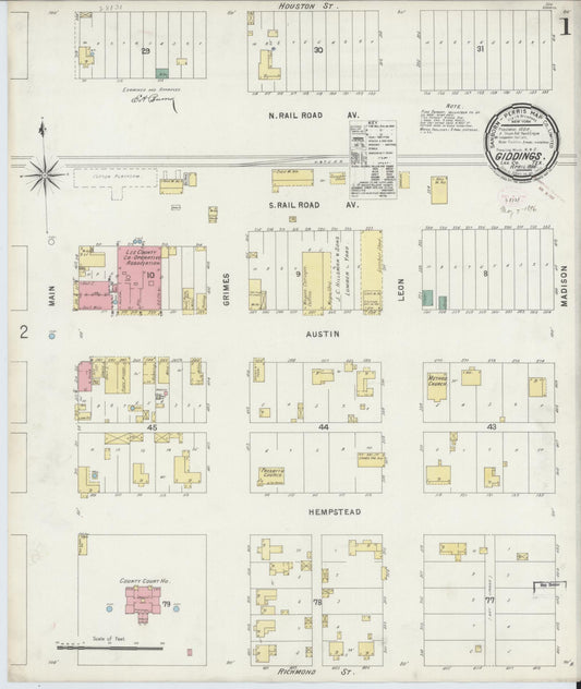 Sanborn Fire Insurance Map from Giddings, Lee County, Texas (1896), Sheet #0001 - Complete Map Set gallery image, historic Sanborn map, vintage wall art, Texas Texas