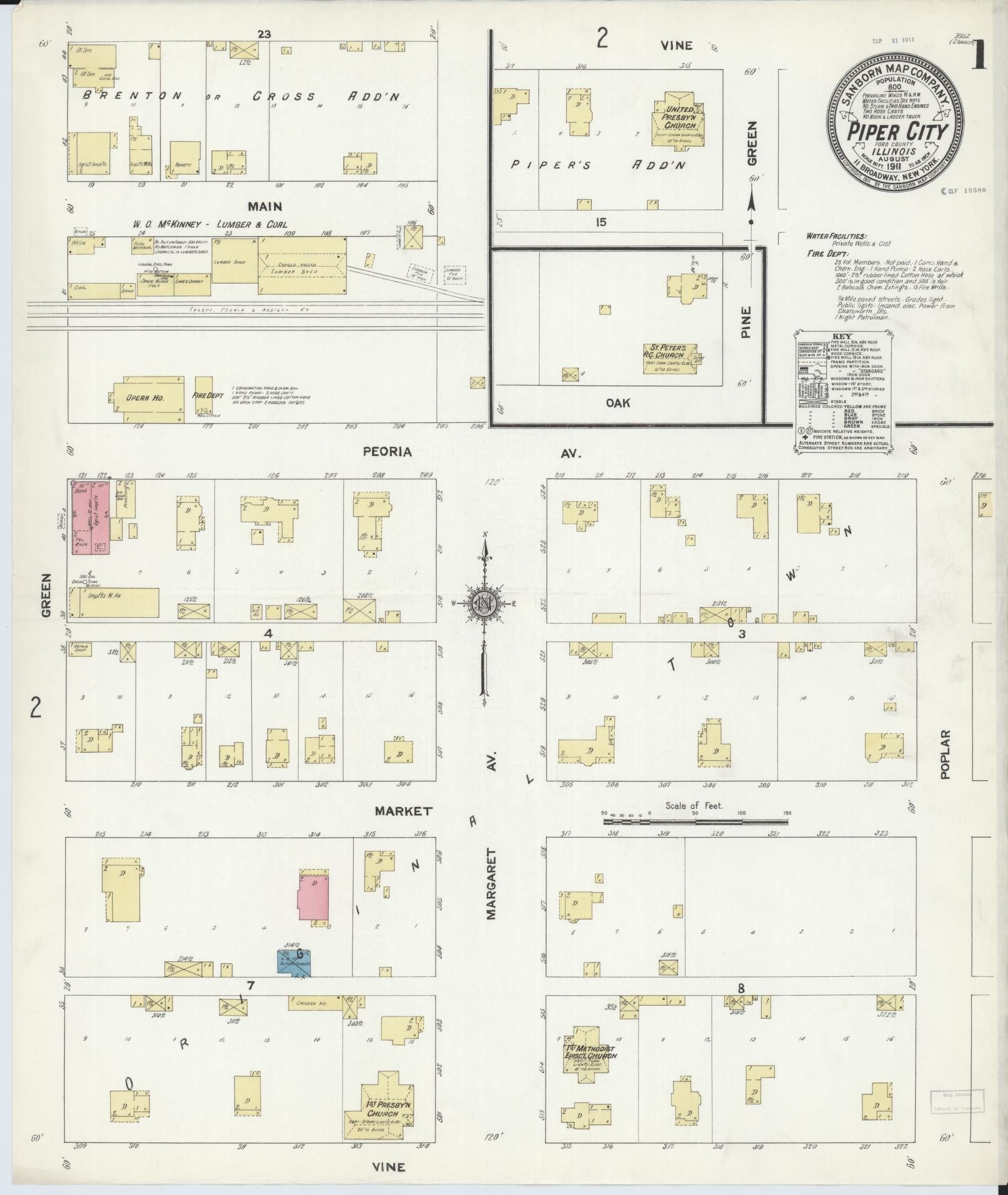 Sanborn Fire Insurance Map from Piper City, Ford County, Illinois (1911), Sheet #0001 - Complete Map Set gallery image, historic Sanborn map, vintage wall art, Illinois Illinois
