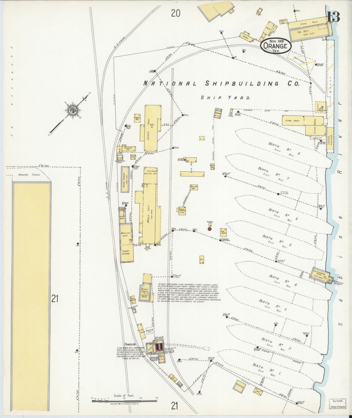Sanborn Fire Insurance Map from Orange, Orange County, Texas (1919), Sheet #0013 - Historic Sanborn Fire Insurance Map Print, vintage old map wall art, antique decor, genealogy gift, Texas Texas map