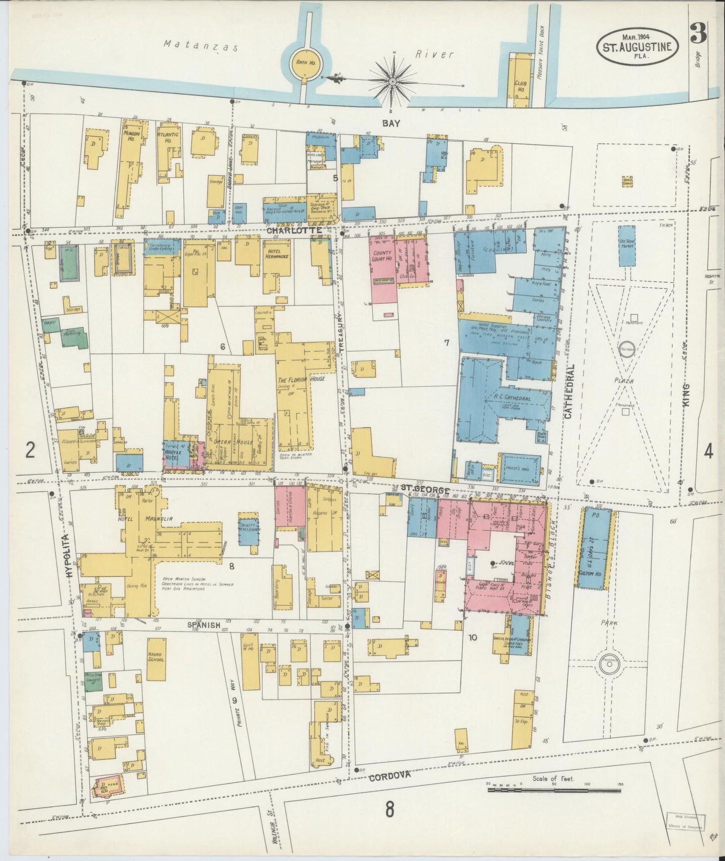 Sanborn Fire Insurance Map from Saint Augustine, Saint John's County, Florida (1904), Sheet #0003 - Historic Sanborn Fire Insurance Map Print, vintage old map wall art, antique decor, genealogy gift, Florida Florida map