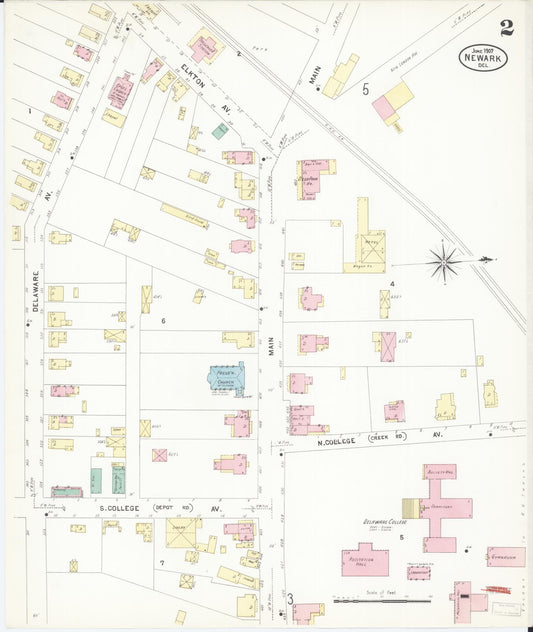 Sanborn Fire Insurance Map from Newark, New Castle County, Delaware (1907), Sheet #0002 - Historic Sanborn Fire Insurance Map Print, vintage old map wall art, antique decor, genealogy gift, Delaware Delaware map