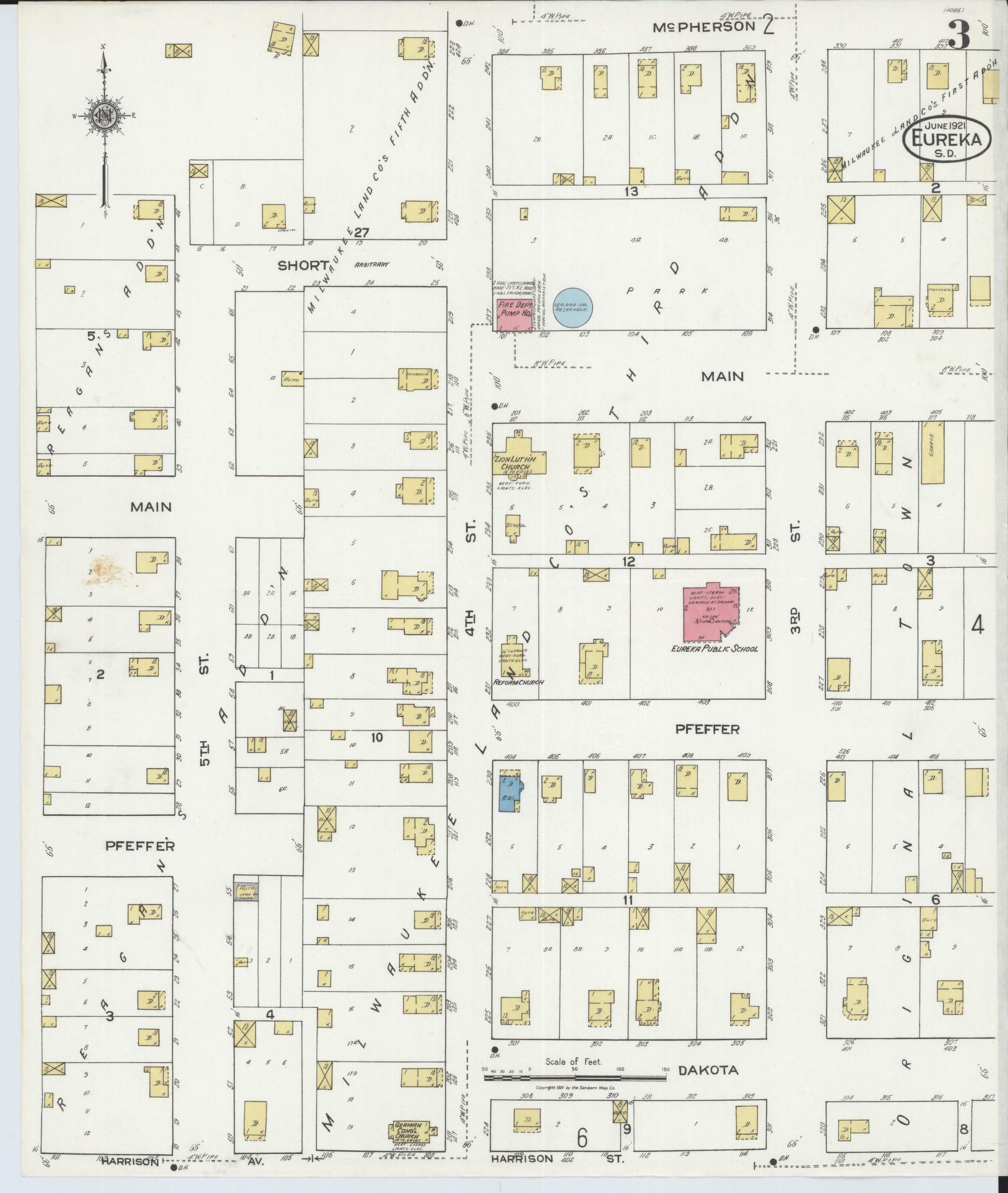 Sanborn Fire Insurance Map from Eureka, McPherson County, South Dakota (1921), Sheet #0003 - Historic Sanborn Fire Insurance Map Print, vintage old map wall art, antique decor, genealogy gift, South Dakota South Dakota map