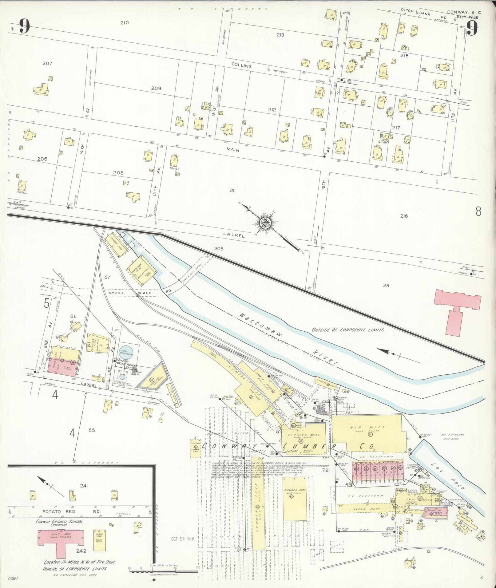 Sanborn Fire Insurance Map from Conway, Horry County, South Carolina (1938), Sheet #0009 - Historic Sanborn Fire Insurance Map Print, vintage old map wall art, antique decor, genealogy gift, South Carolina South Carolina map