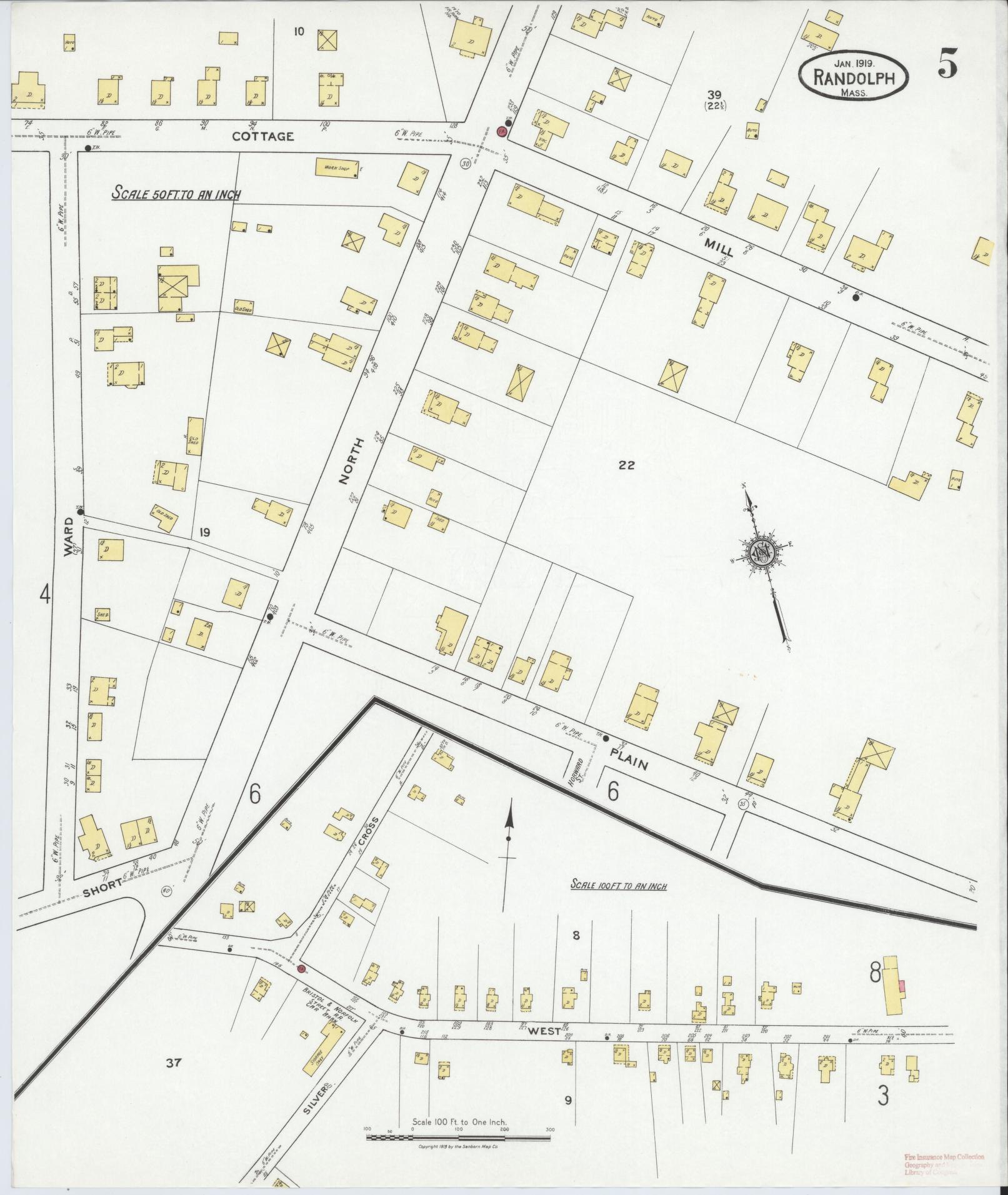 Sanborn Fire Insurance Map from Randolph, Norfolk County, Massachusetts (1919), Sheet #0005 - Historic Sanborn Fire Insurance Map Print, vintage old map wall art, antique decor, genealogy gift, Massachusetts Massachusetts map