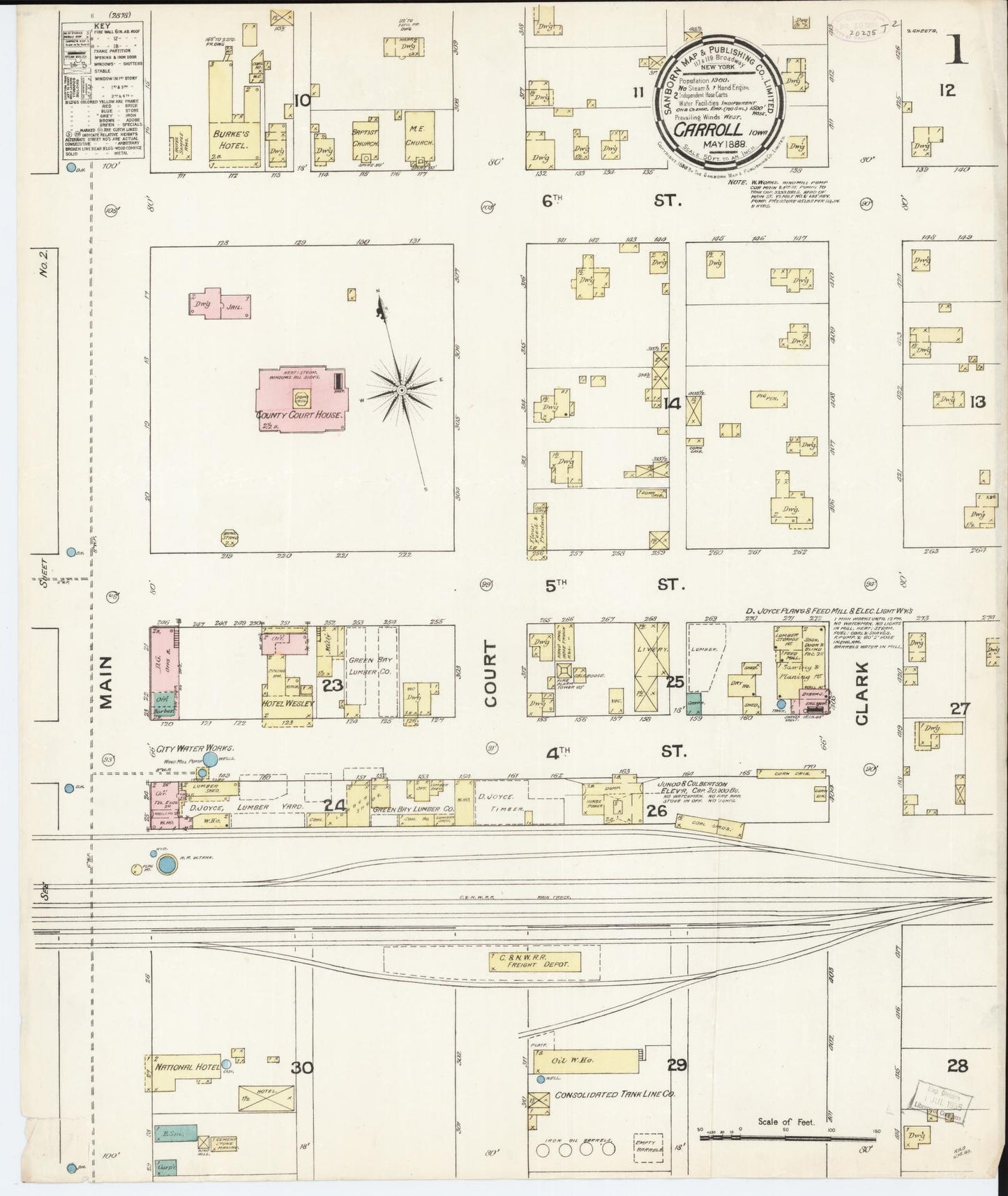 Sanborn Fire Insurance Map from Carroll, Carroll County, Iowa (1889), Sheet #0001 - Historic Sanborn Fire Insurance Map Print, vintage old map wall art