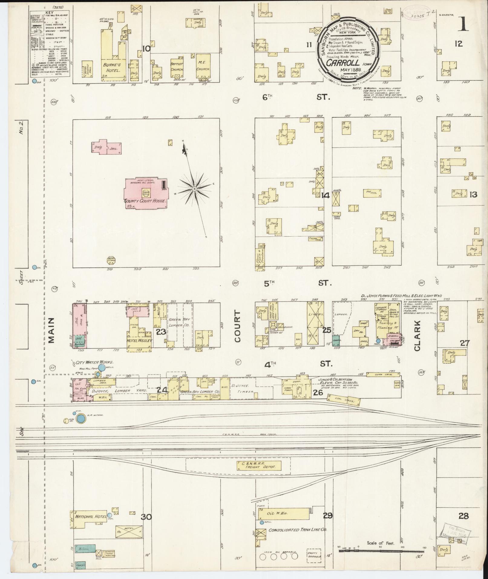 Sanborn Fire Insurance Map from Carroll, Carroll County, Iowa (1889), Sheet #0001 - Historic Sanborn Fire Insurance Map Print, vintage old map wall art