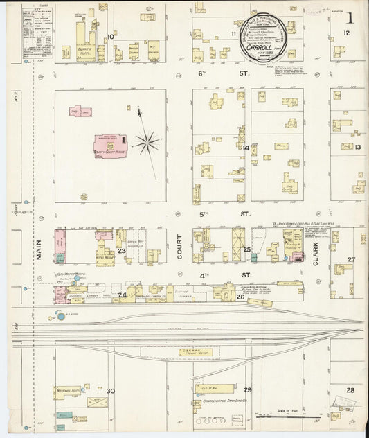 Sanborn Fire Insurance Map from Carroll, Carroll County, Iowa (1889), Sheet #0001 - Historic Sanborn Fire Insurance Map Print, vintage old map wall art
