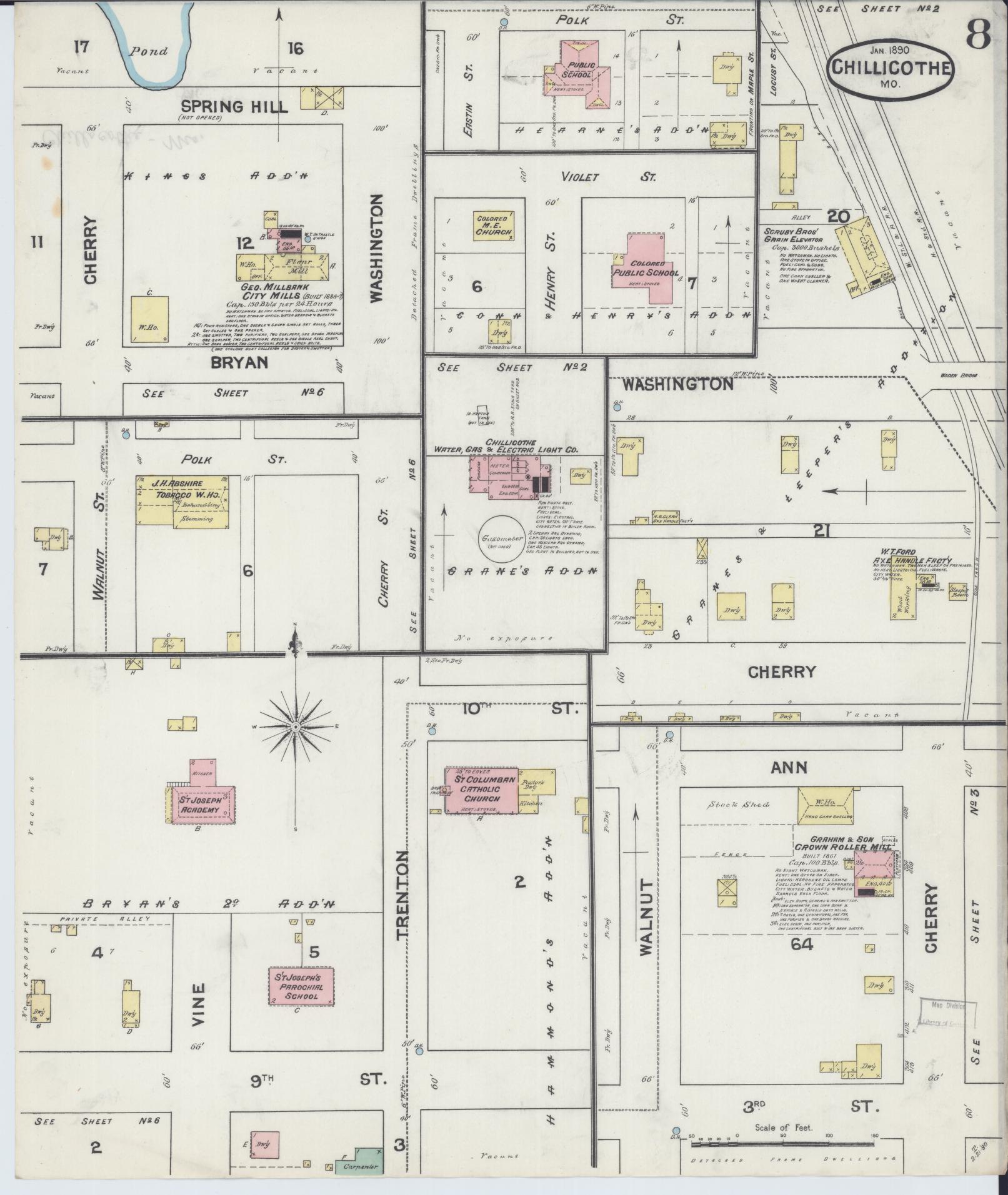 Sanborn Fire Insurance Map from Chillicothe, Livingston County, Missouri (1890), Sheet #0008 - Historic Sanborn Fire Insurance Map Print, vintage old map wall art, antique decor, genealogy gift, Missouri Missouri map
