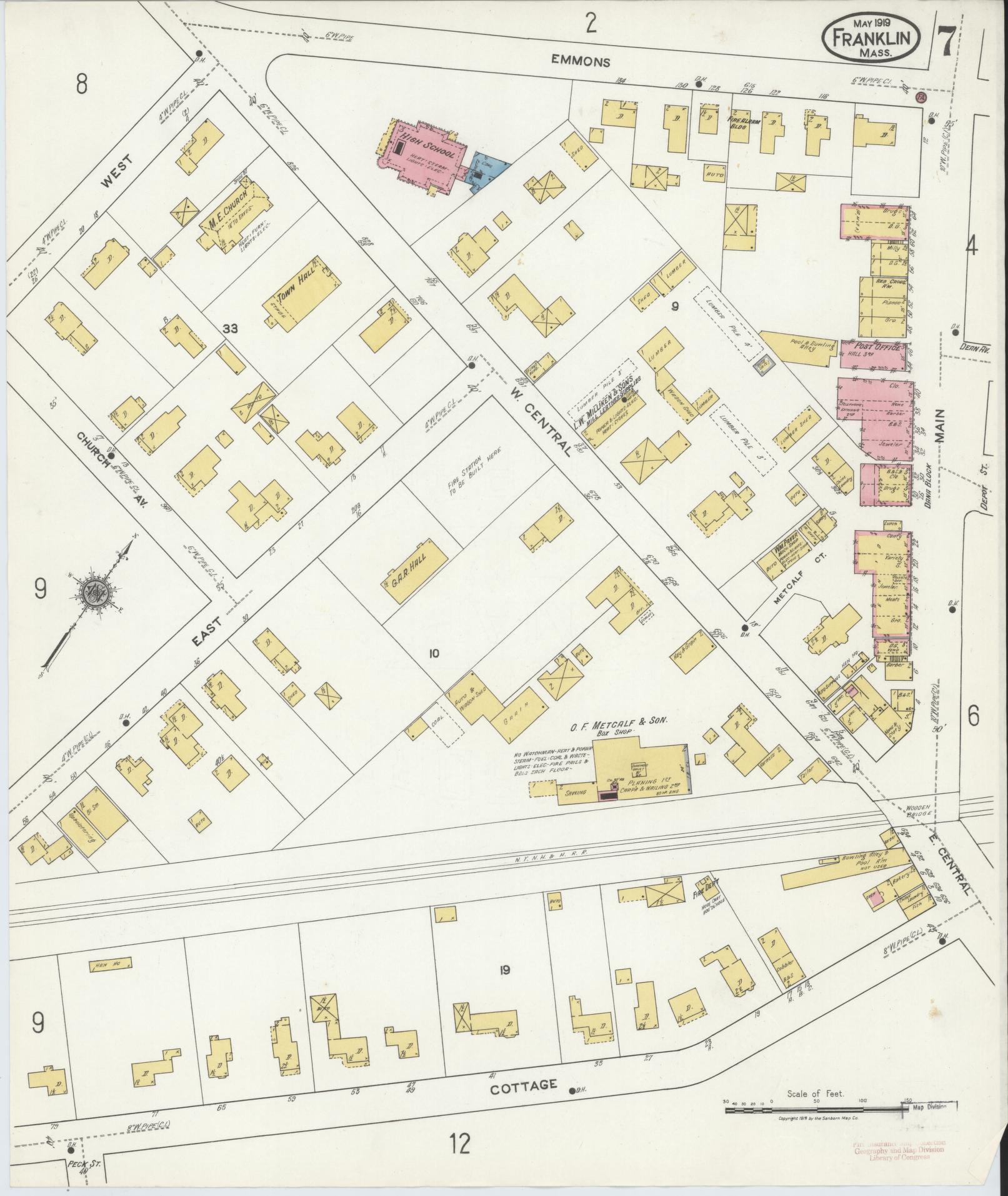 Sanborn Fire Insurance Map from Franklin, Norfolk County, Massachusetts (1919), Sheet #0007 - Complete Map Set gallery image, historic Sanborn map, vintage wall art, Massachusetts Massachusetts