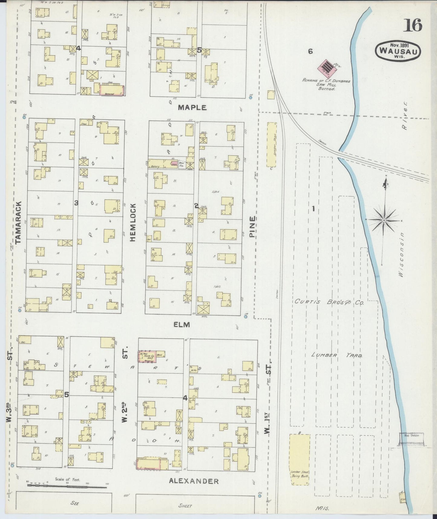Sanborn Fire Insurance Map from Wausau, Marathon County, Wisconsin (1891), Sheet #0016 - Historic Sanborn Fire Insurance Map Print, vintage old map wall art, antique decor, genealogy gift, Wisconsin Wisconsin map