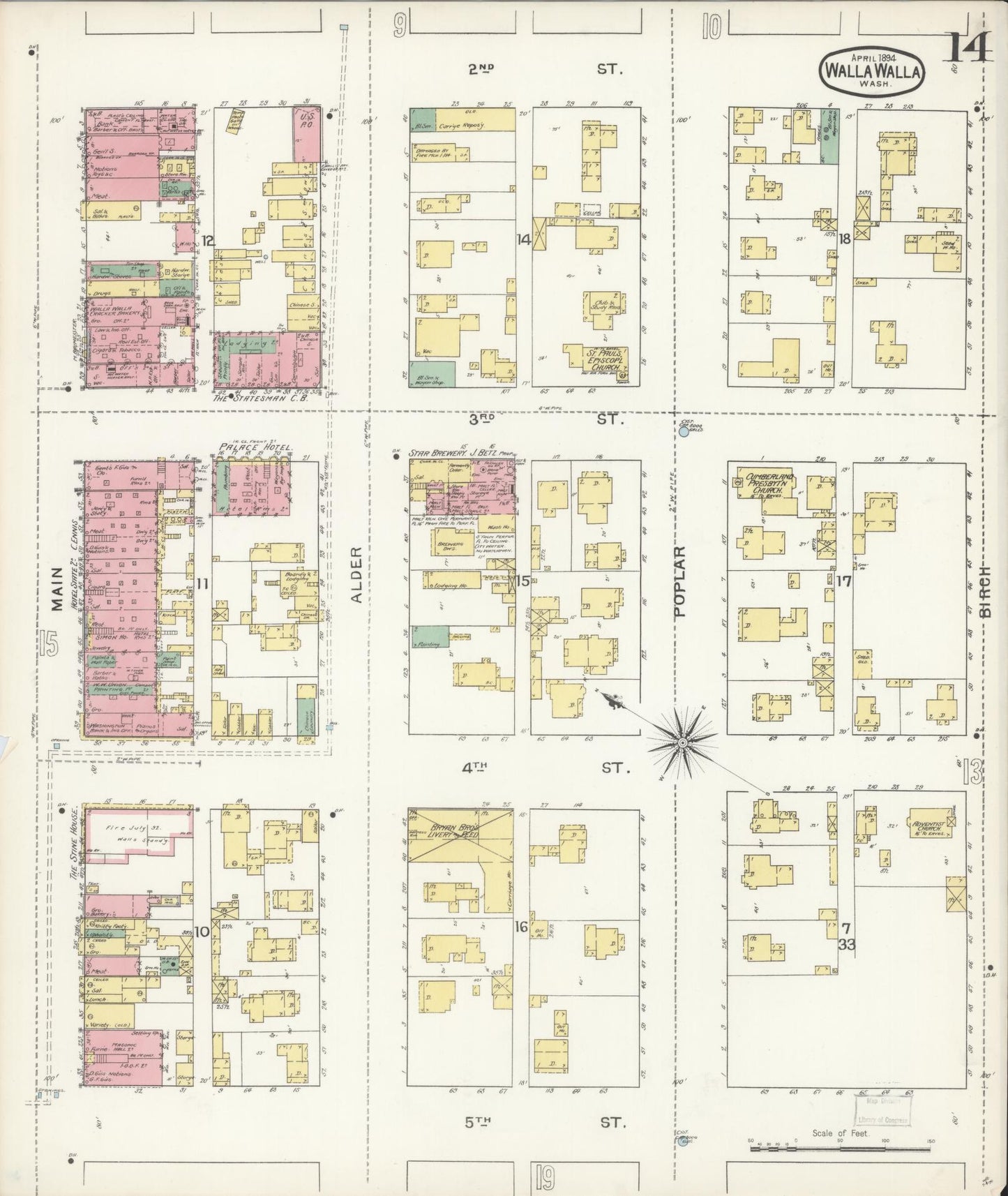 Sanborn Fire Insurance Map from Walla Walla, Walla Walla County, Washington (1894), Sheet #0014 - Historic Sanborn Fire Insurance Map Print, vintage old map wall art, antique decor, genealogy gift, Washington Washington map
