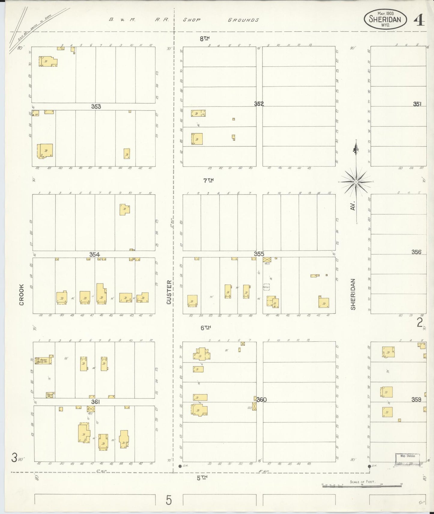 Sanborn Fire Insurance Map from Sheridan, Sheridan County, Wyoming (1903), Sheet #0004 - Historic Sanborn Fire Insurance Map Print, vintage old map wall art, antique decor, genealogy gift, Wyoming Wyoming map