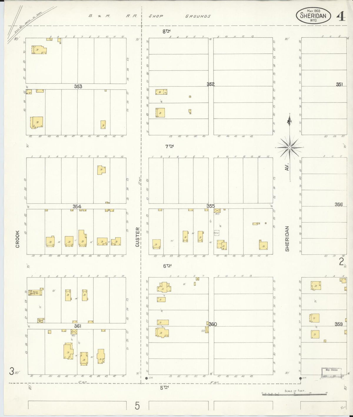 Sanborn Fire Insurance Map from Sheridan, Sheridan County, Wyoming (1903), Sheet #0004 - Historic Sanborn Fire Insurance Map Print, vintage old map wall art, antique decor, genealogy gift, Wyoming Wyoming map
