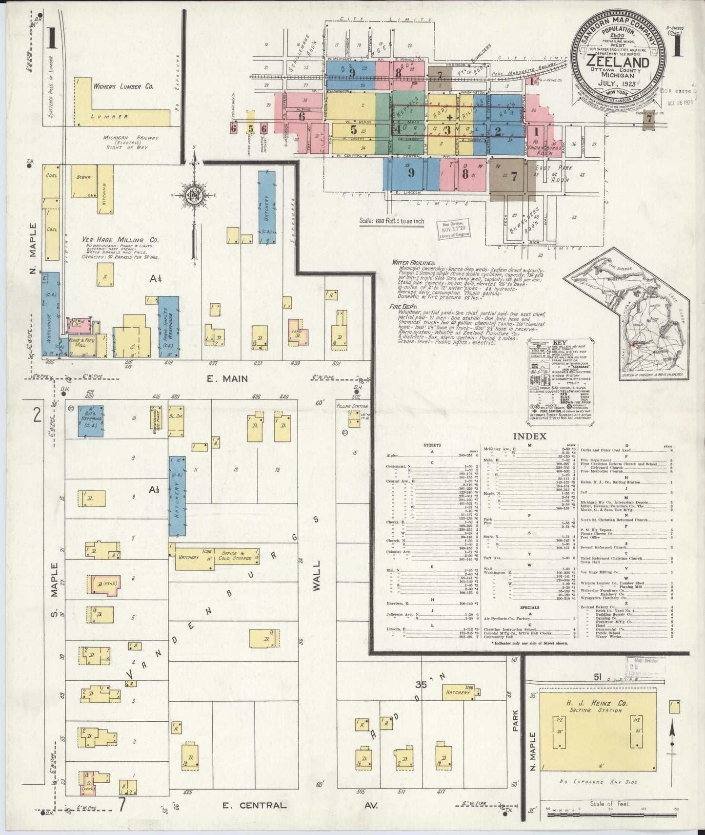 Sanborn Fire Insurance Map from Zeeland, Ottawa County, Michigan (1923), Sheet #0001 - Complete Map Set gallery image, historic Sanborn map, vintage wall art, Michigan Michigan