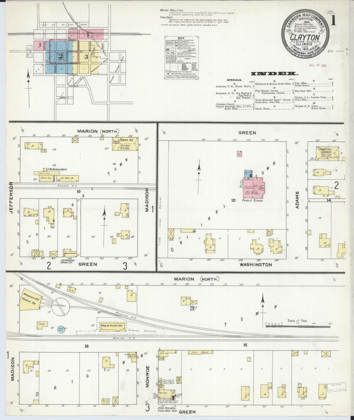 Sanborn Fire Insurance Map from Clayton, Adams County, Illinois (1910), Sheet #0001 - Historic Sanborn Fire Insurance Map Print, vintage old map wall art, antique decor, genealogy gift, Illinois Illinois map