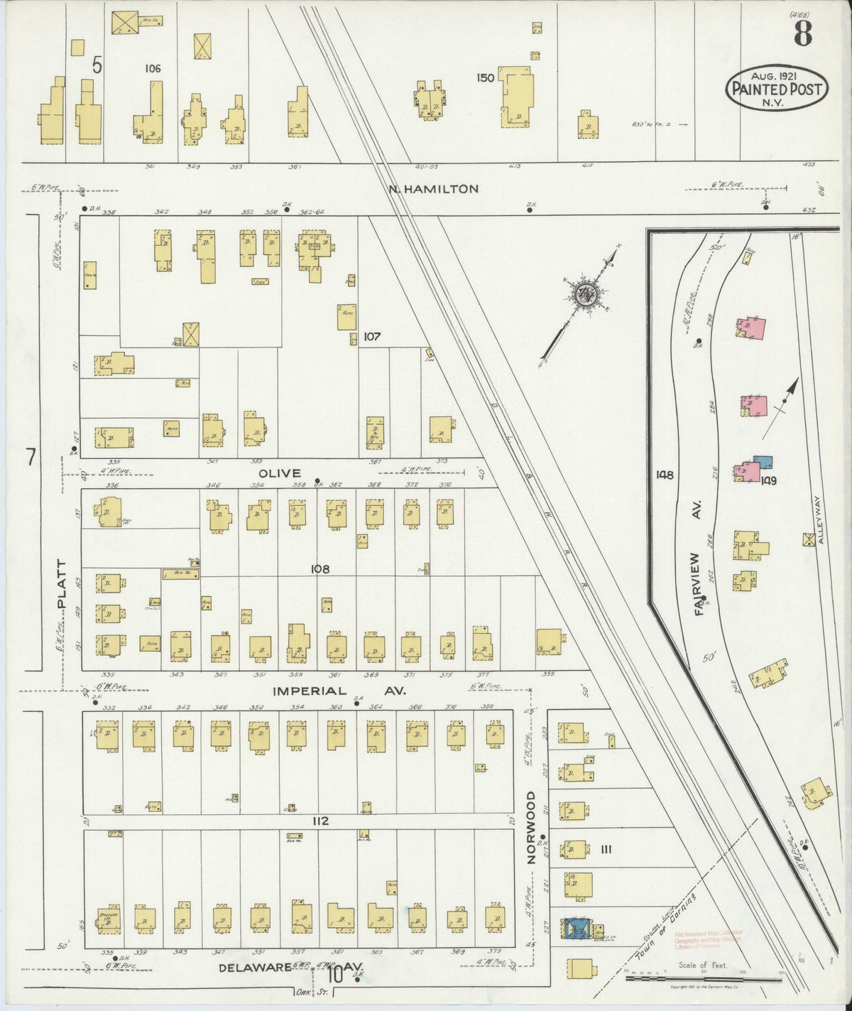 Sanborn Fire Insurance Map from Painted Post, Steuben County, New York (1921), Sheet #0008 - Historic Sanborn Fire Insurance Map Print, vintage old map wall art, antique decor, genealogy gift, New York New York map