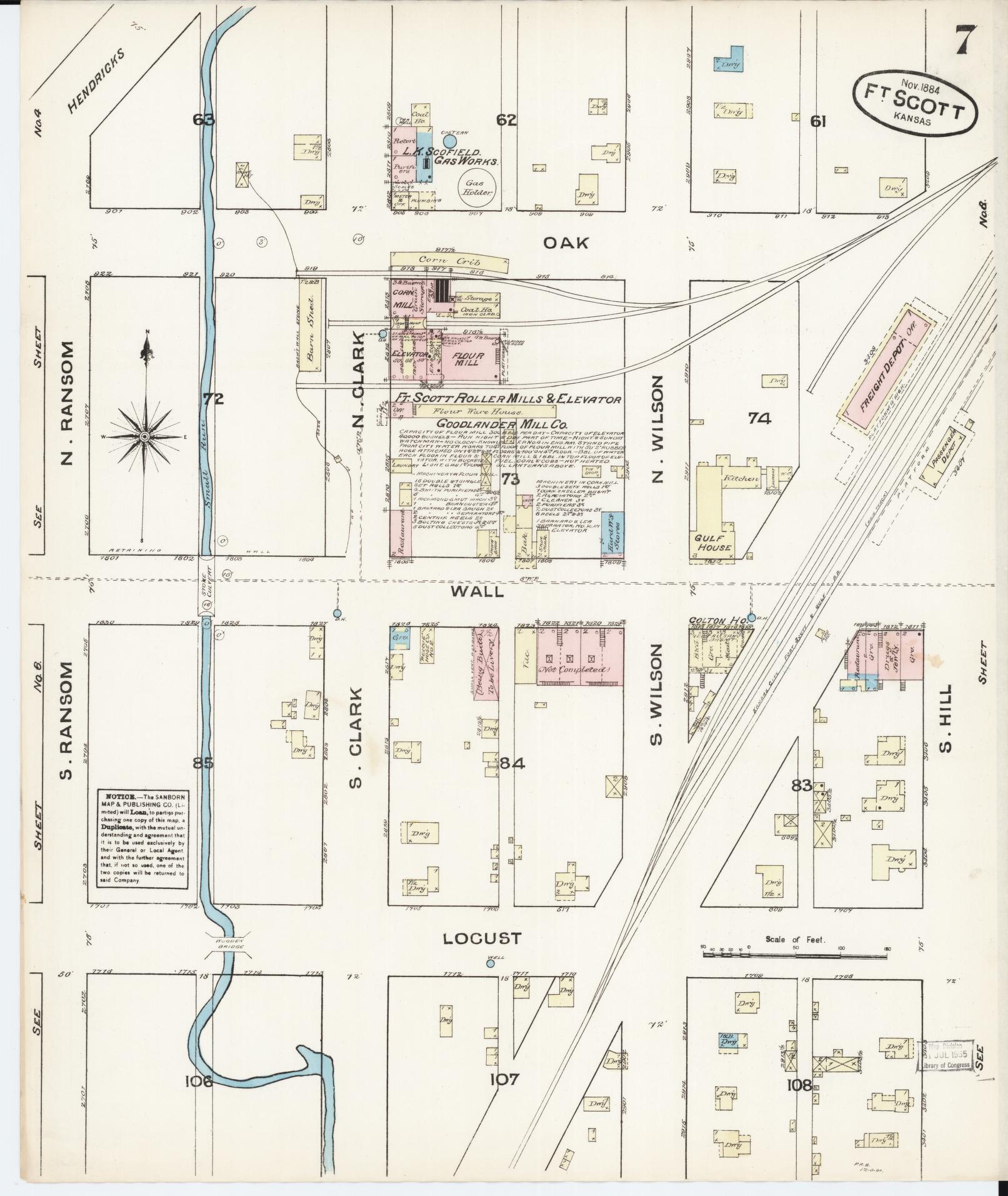 Sanborn Fire Insurance Map from Fort Scott, Bourbon County, Kansas (1884), Sheet #0007 - Historic Sanborn Fire Insurance Map Print, vintage old map wall art, antique decor, genealogy gift, Kansas Kansas map