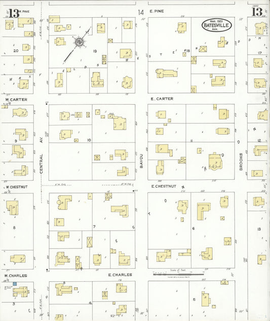 Sanborn Fire Insurance Map from Batesville, Independence County, Arkansas (1923), Sheet #0013 - Historic Sanborn Fire Insurance Map Print, vintage old map wall art, antique decor, genealogy gift, Arkansas Arkansas map