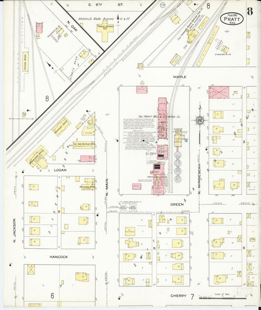 Sanborn Fire Insurance Map from Pratt, Pratt County, Kansas (1916), Sheet #0008 - Historic Sanborn Fire Insurance Map Print, vintage old map wall art, antique decor, genealogy gift, Kansas Kansas map