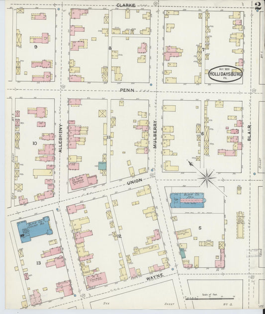 Sanborn Fire Insurance Map from Hollidaysburg, Blair County, Pennsylvania (1891), Sheet #0002 - Historic Sanborn Fire Insurance Map Print, vintage old map wall art, antique decor, genealogy gift, Pennsylvania Pennsylvania map