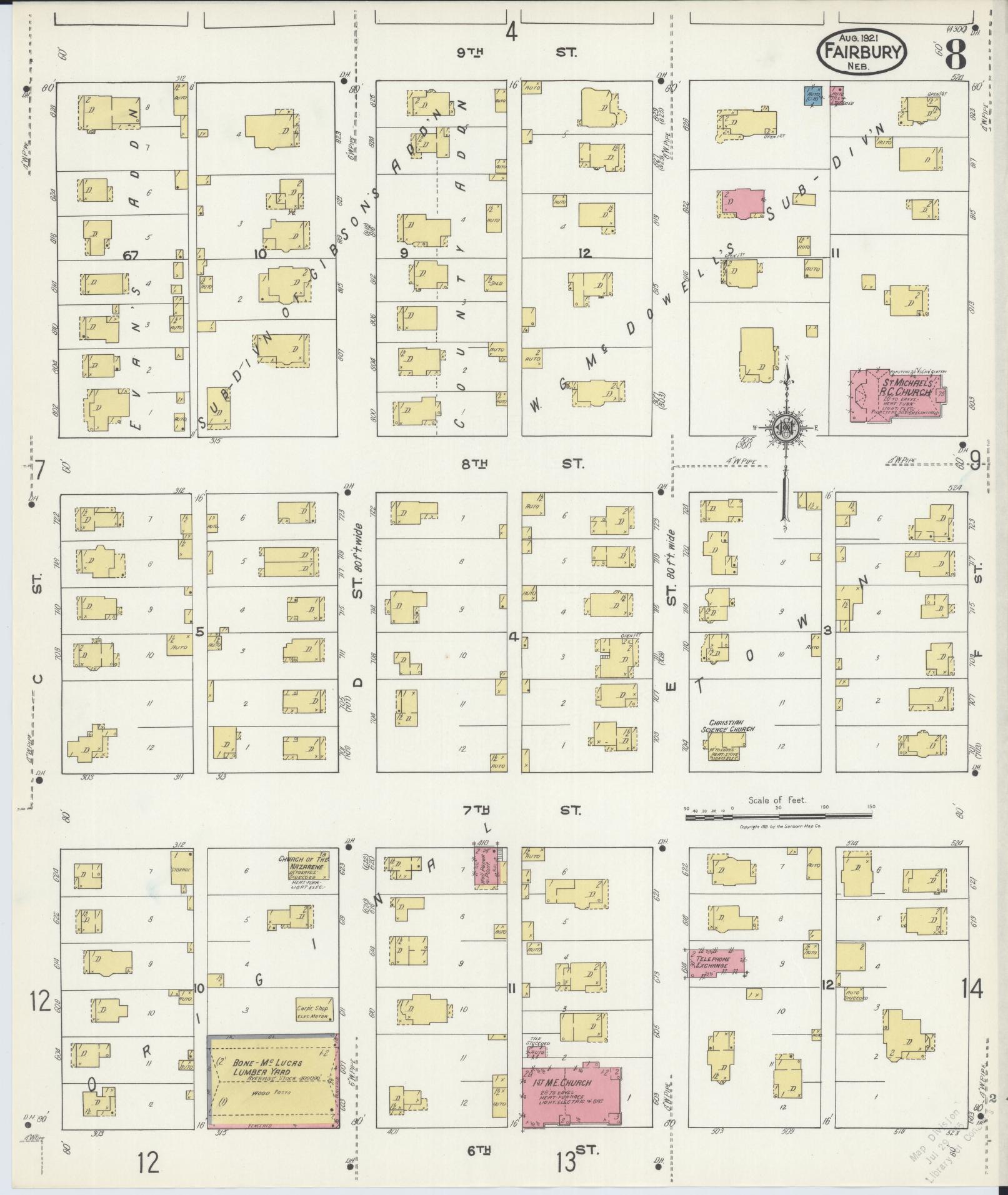 Sanborn Fire Insurance Map from Fairbury, Jefferson County, Nebraska (1921), Sheet #0008 - Historic Sanborn Fire Insurance Map Print, vintage old map wall art, antique decor, genealogy gift, Nebraska Nebraska map