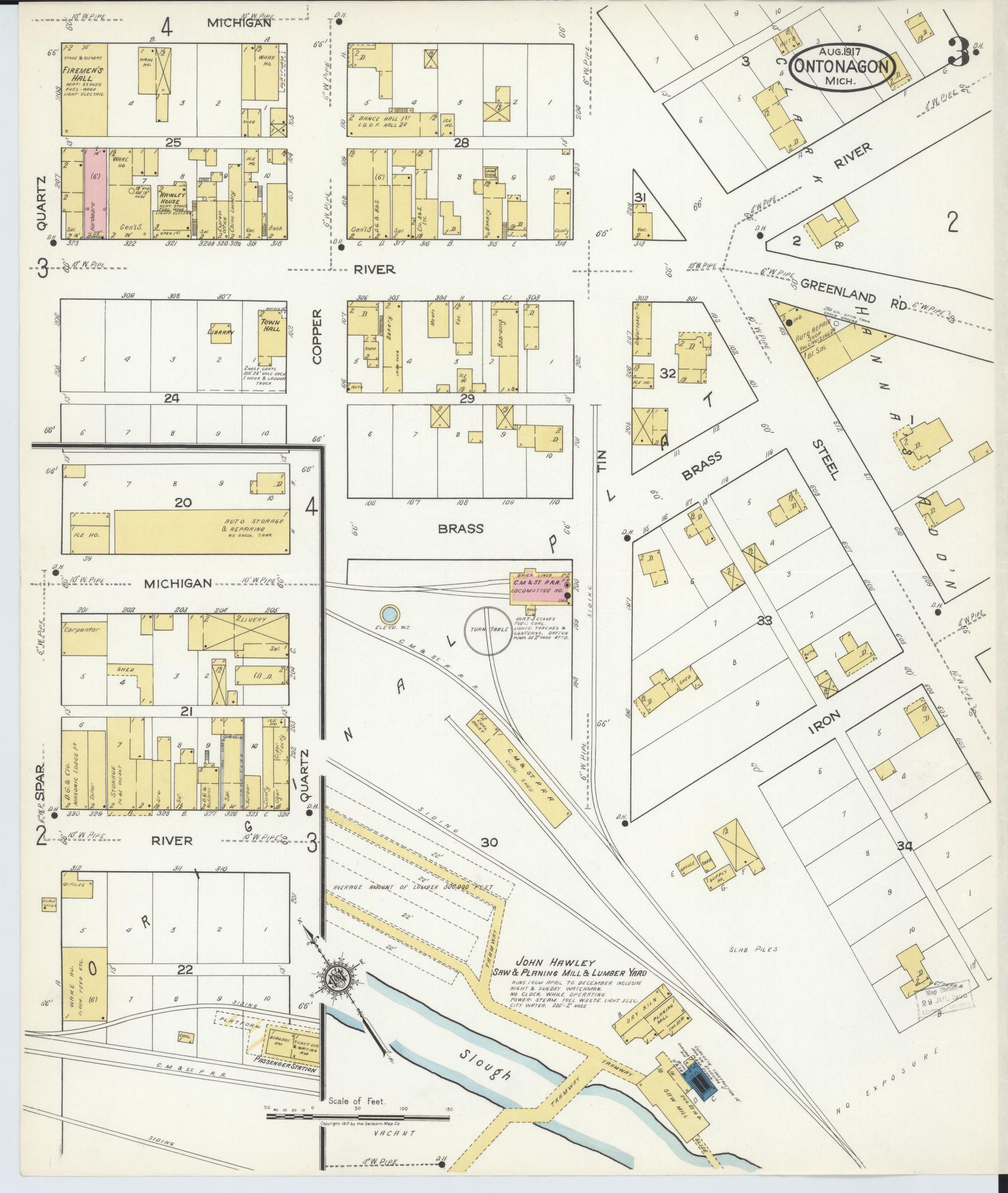 Sanborn Fire Insurance Map from Ontonagon, Ontonagon County, Michigan (1917), Sheet #0003 - Complete Map Set gallery image, historic Sanborn map, vintage wall art, Michigan Michigan