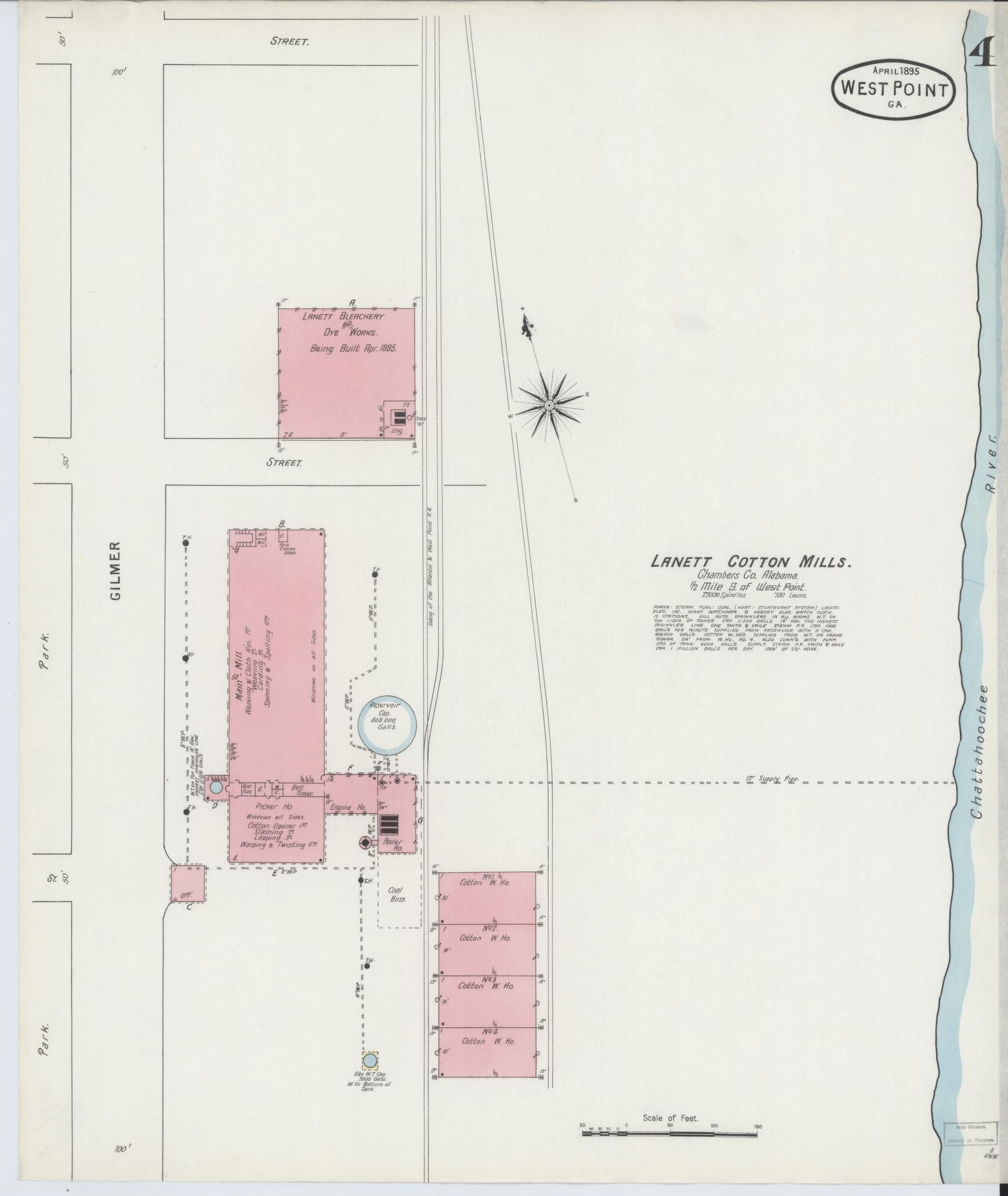Sanborn Fire Insurance Map from West Point, Troup County, Georgia (1895), Sheet #0004 - Historic Sanborn Fire Insurance Map Print, vintage old map wall art, antique decor, genealogy gift, Georgia Georgia map