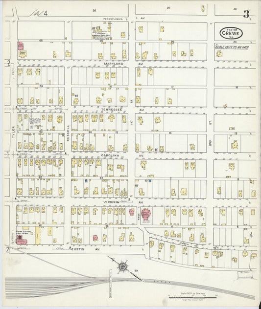 Sanborn Fire Insurance Map from Crewe, Nottoway County, Virginia (1918), Sheet #0003 - Historic Sanborn Fire Insurance Map Print, vintage old map wall art, antique decor, genealogy gift, Virginia Virginia map